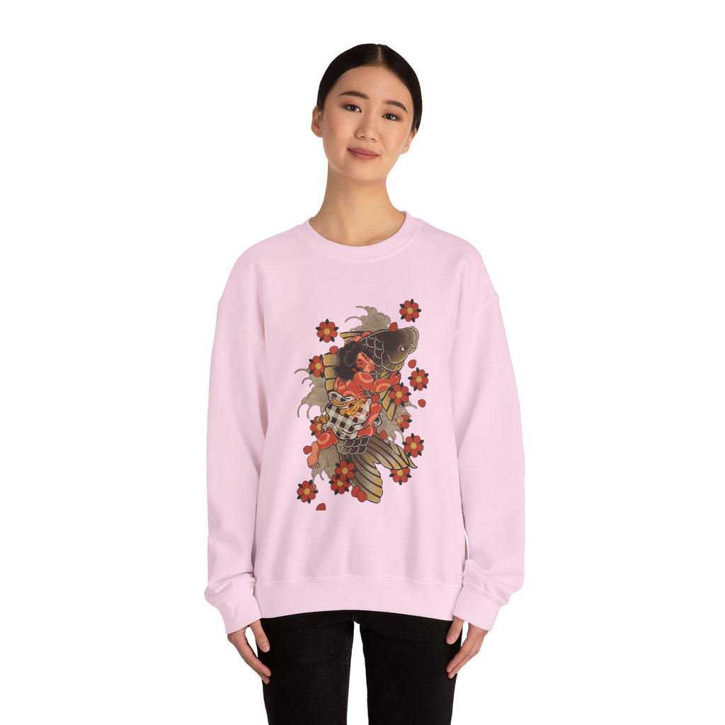 Kintaro The Golden Boy with Koi and Cherry Blossoms Crewneck Sweatshirt