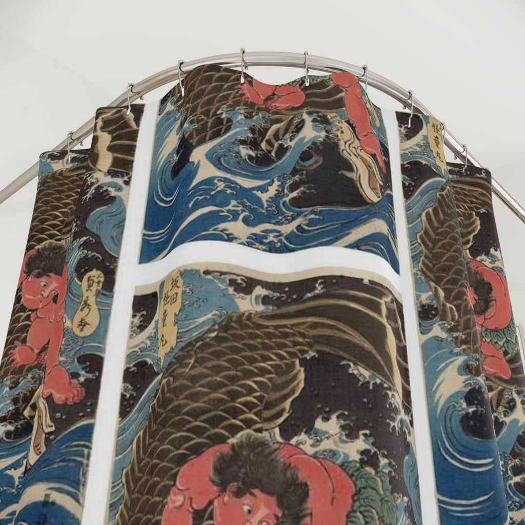 Koi Carp Wave Pattern Shower Curtain | Japanese Fish Bathroom Decor