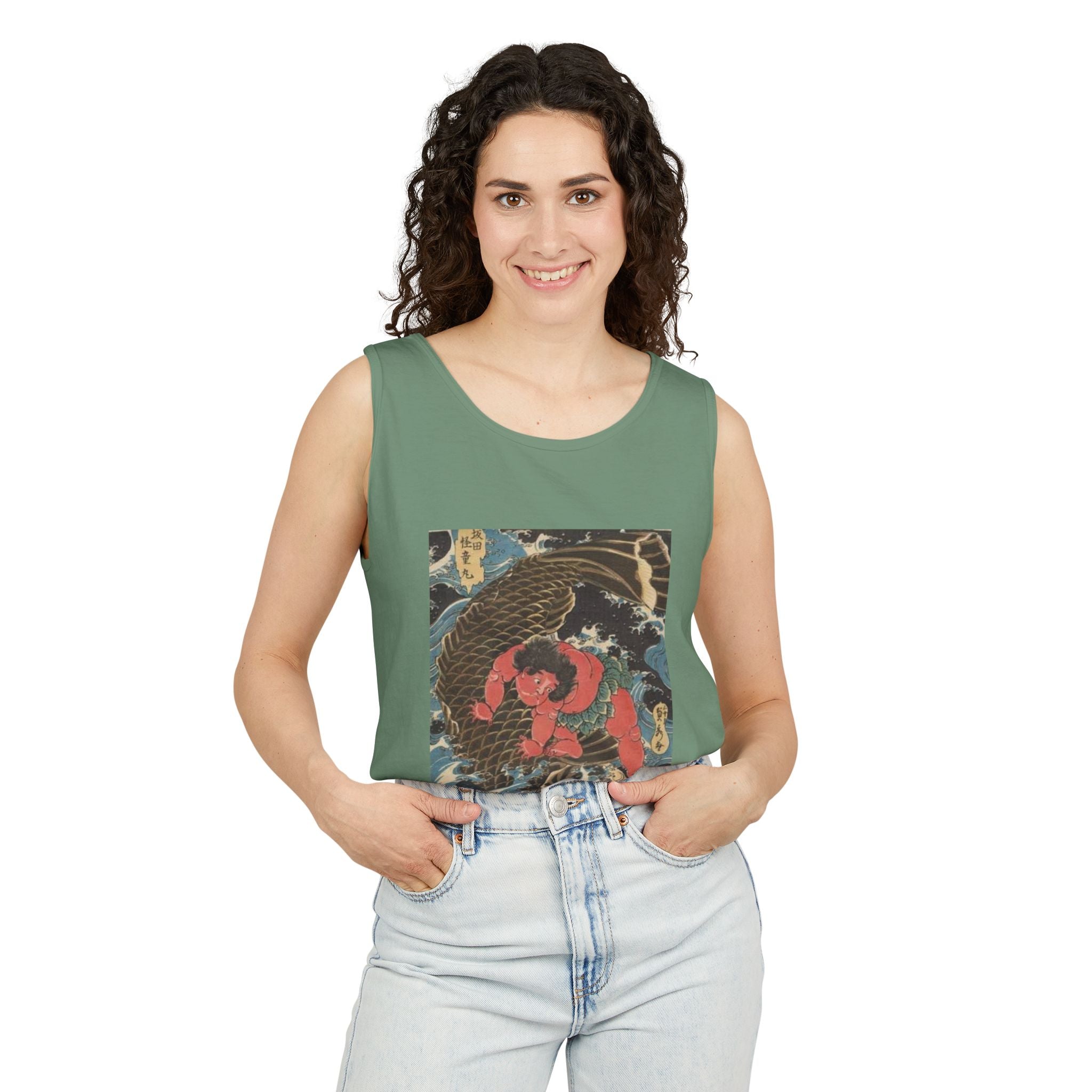 Unisex Garment-Dyed Tank Top with Kintaro the Golden Boy Fighting Koi Print