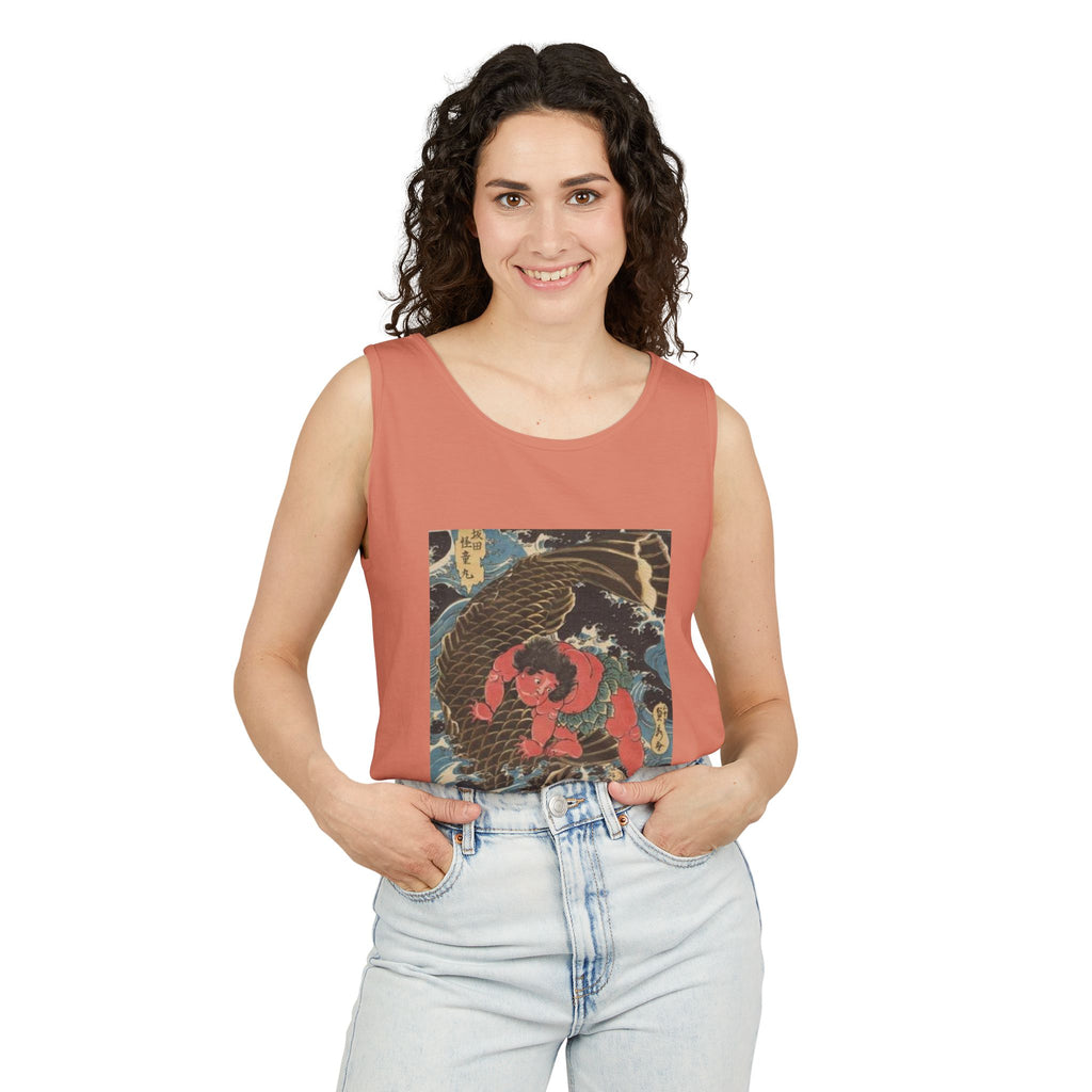 Unisex Garment-Dyed Tank Top with Kintaro the Golden Boy Fighting Koi Print