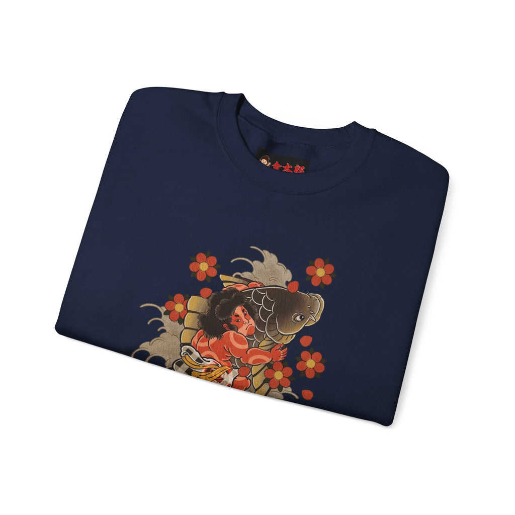 Kintaro The Golden Boy with Koi and Cherry Blossoms Crewneck Sweatshirt
