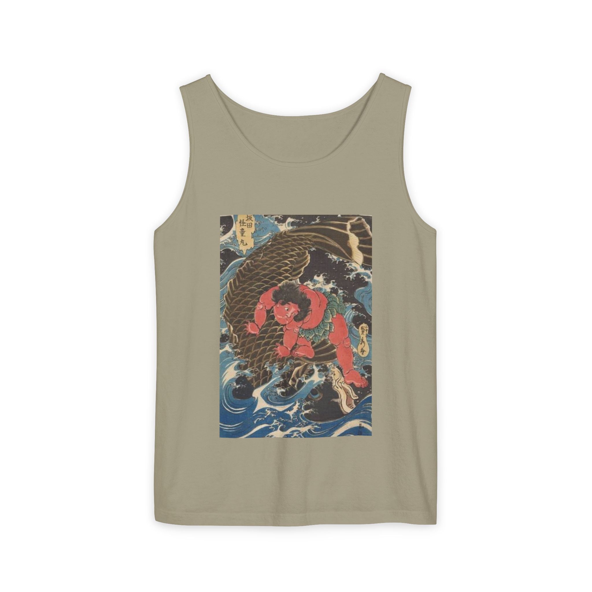 Unisex Garment-Dyed Tank Top with Kintaro the Golden Boy Fighting Koi Print