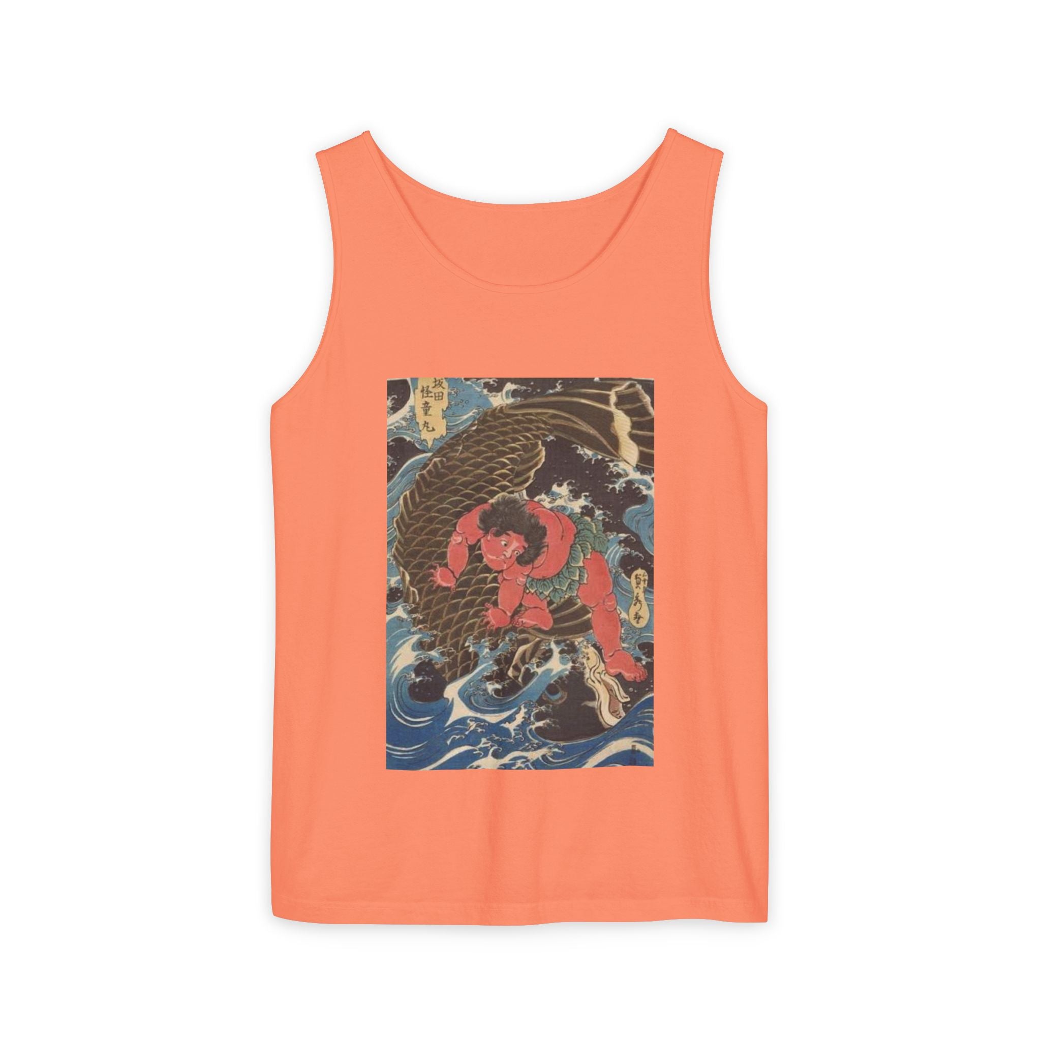 Unisex Garment-Dyed Tank Top with Kintaro the Golden Boy Fighting Koi Print