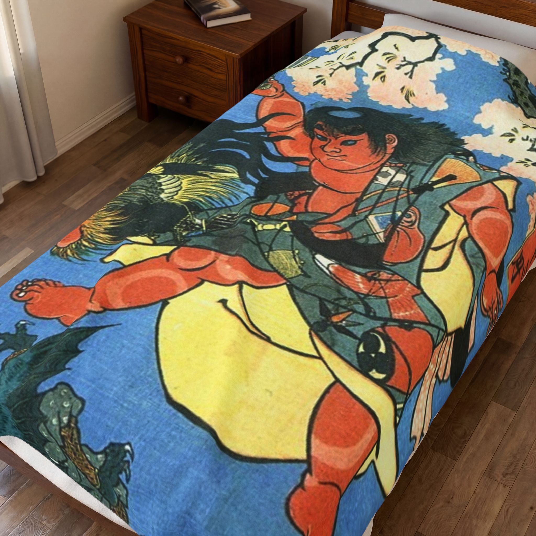 Velveteen Plush Blanket — Japanese Ukiyo-e Kintaro Design, Soft Cozy Throw