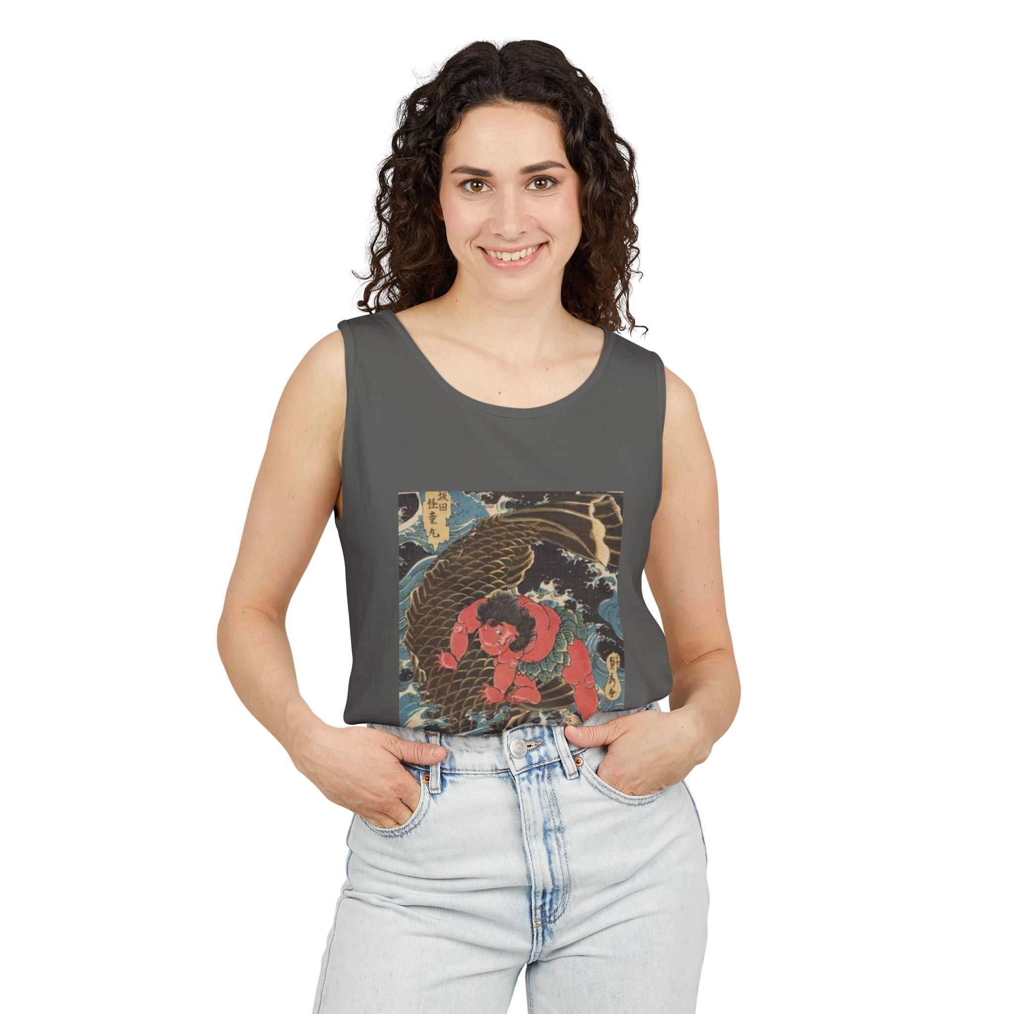 Unisex Garment-Dyed Tank Top with Kintaro the Golden Boy Fighting Koi Print