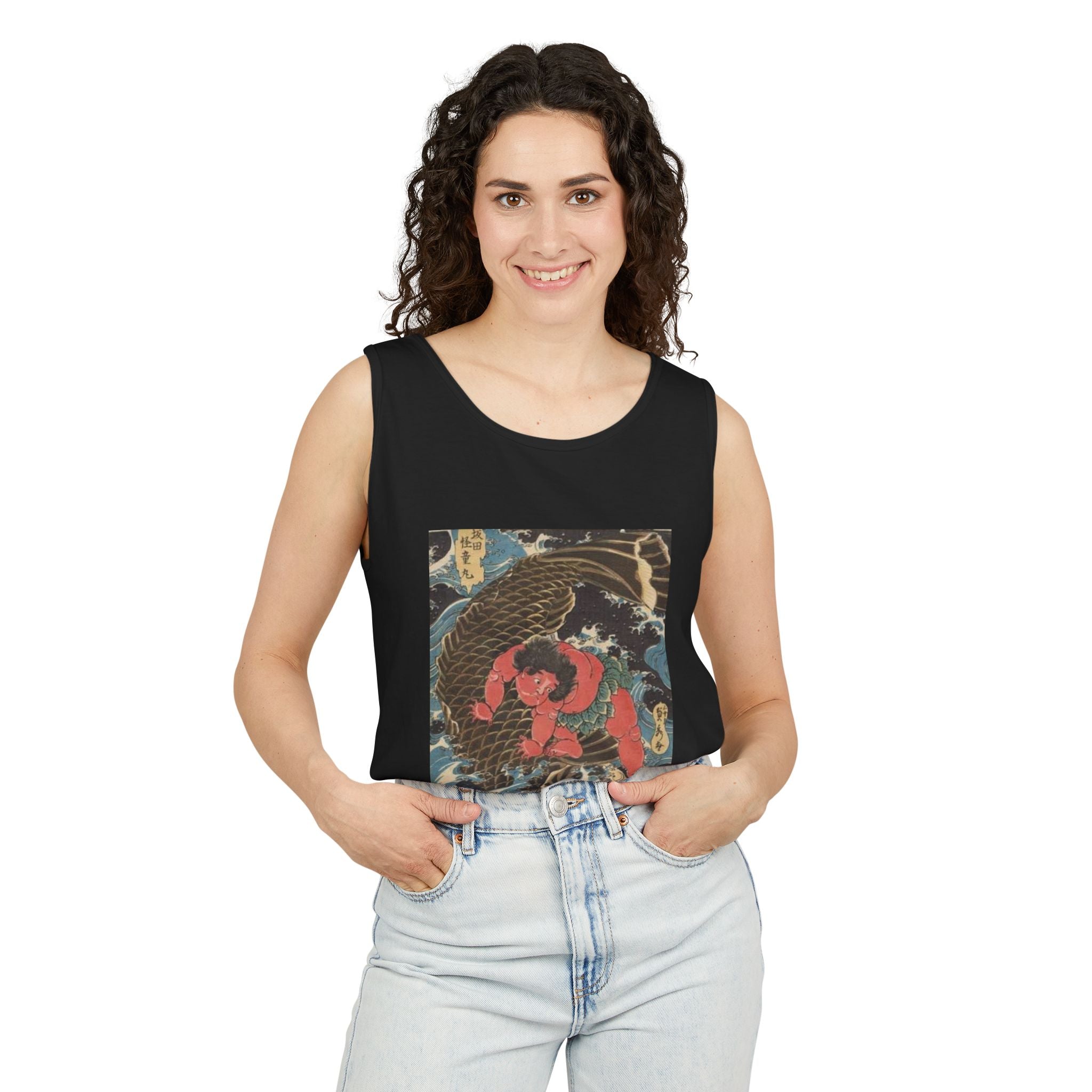 Unisex Garment-Dyed Tank Top with Kintaro the Golden Boy Fighting Koi Print