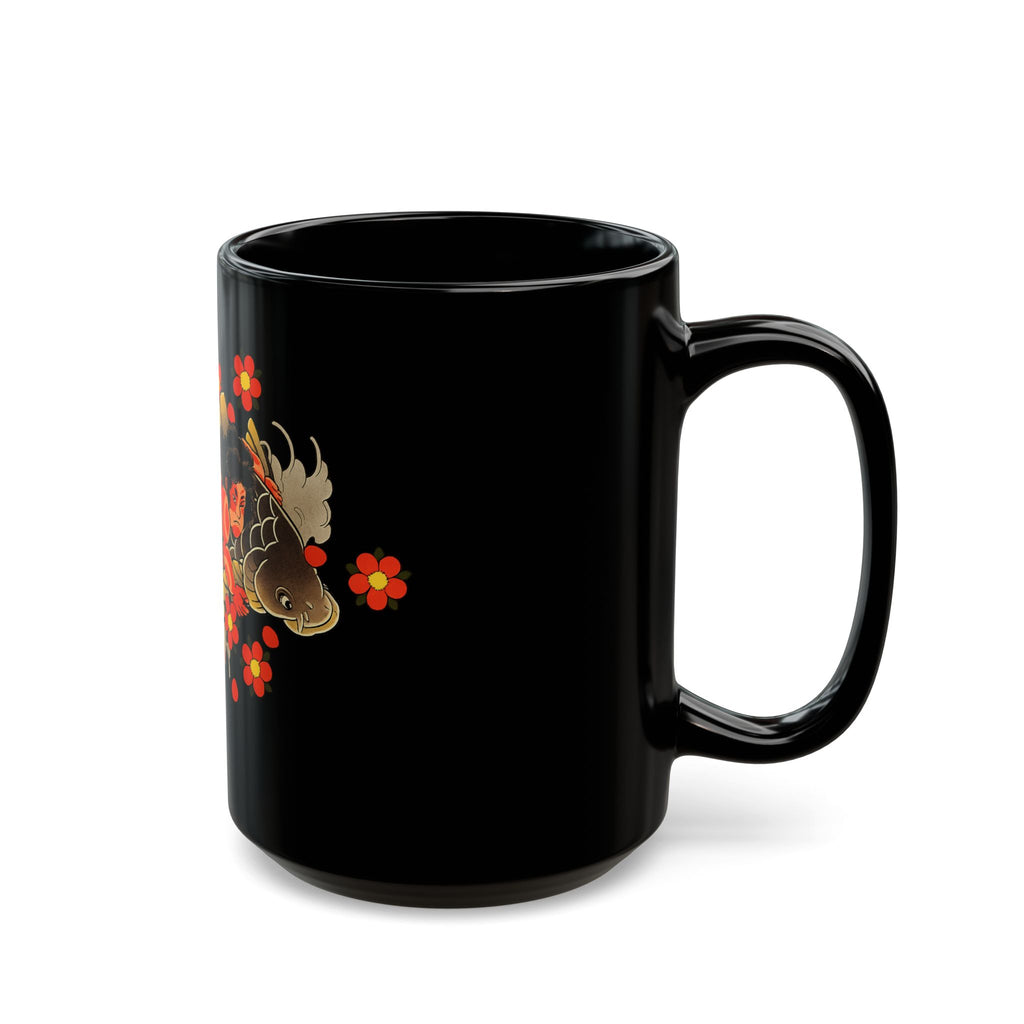 Kintaro and Koi with Cherry Blossoms Black Ceramic Mug (11oz/15oz)