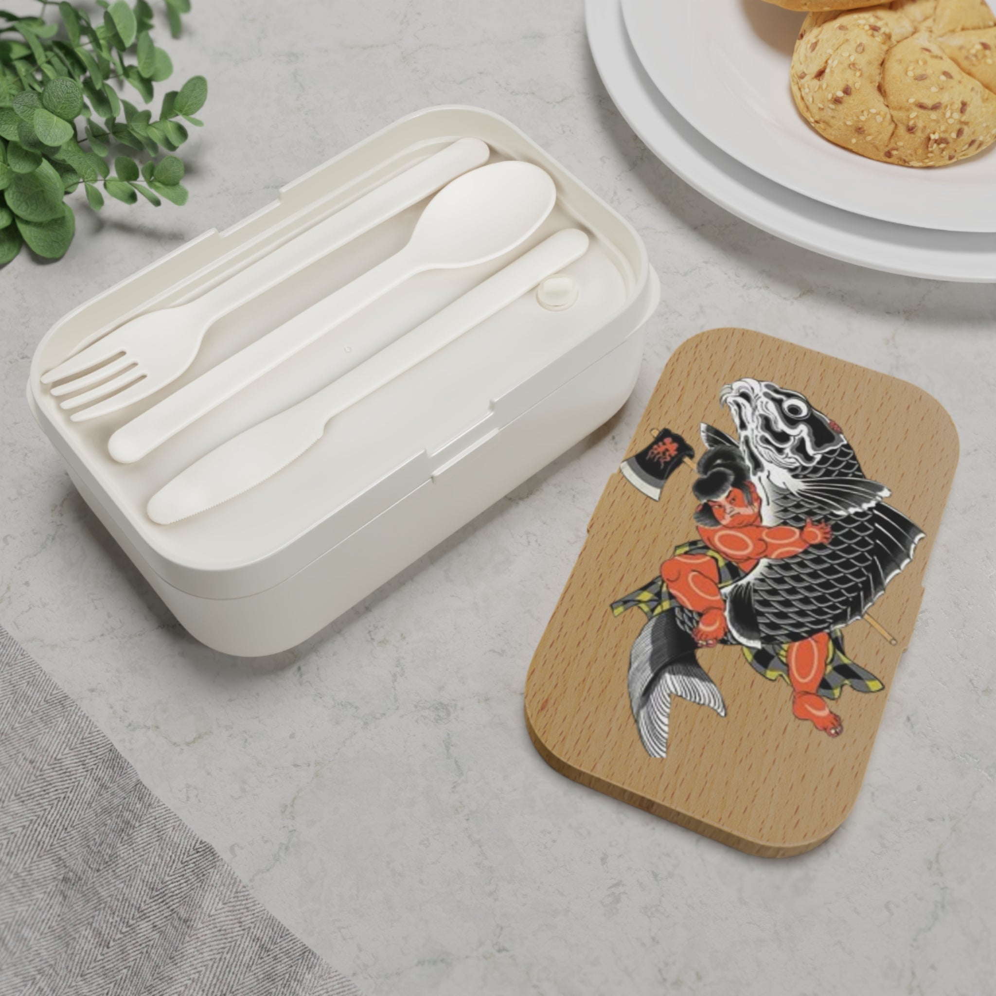 Kintaro Holding Koi and Axe Print Bento Lunch Box