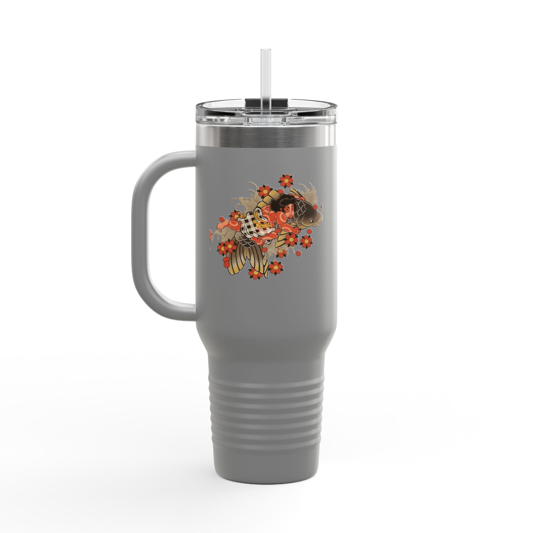 Kintaro with Koi and Cherry Blossoms — 40oz Insulated Travel Mug Tumbler with Handle (Right Handed)