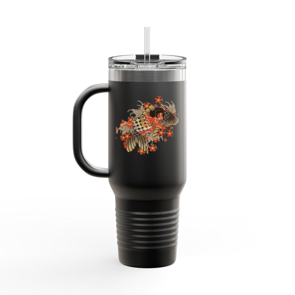 Kintaro with Koi and Cherry Blossoms — 40oz Insulated Travel Mug Tumbler with Handle (Right Handed)
