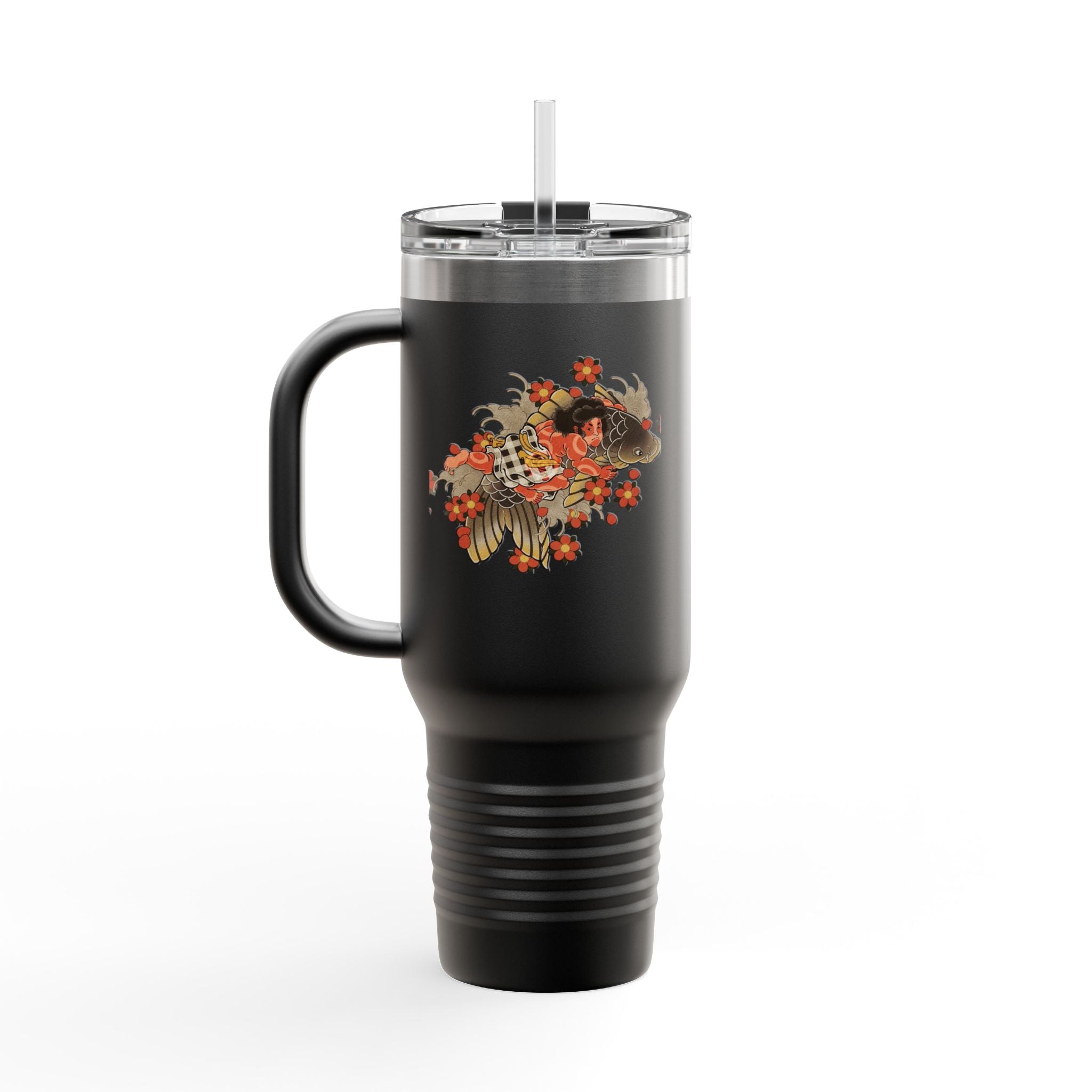 Kintaro with Koi and Cherry Blossoms — 40oz Insulated Travel Mug Tumbler with Handle (Right Handed)