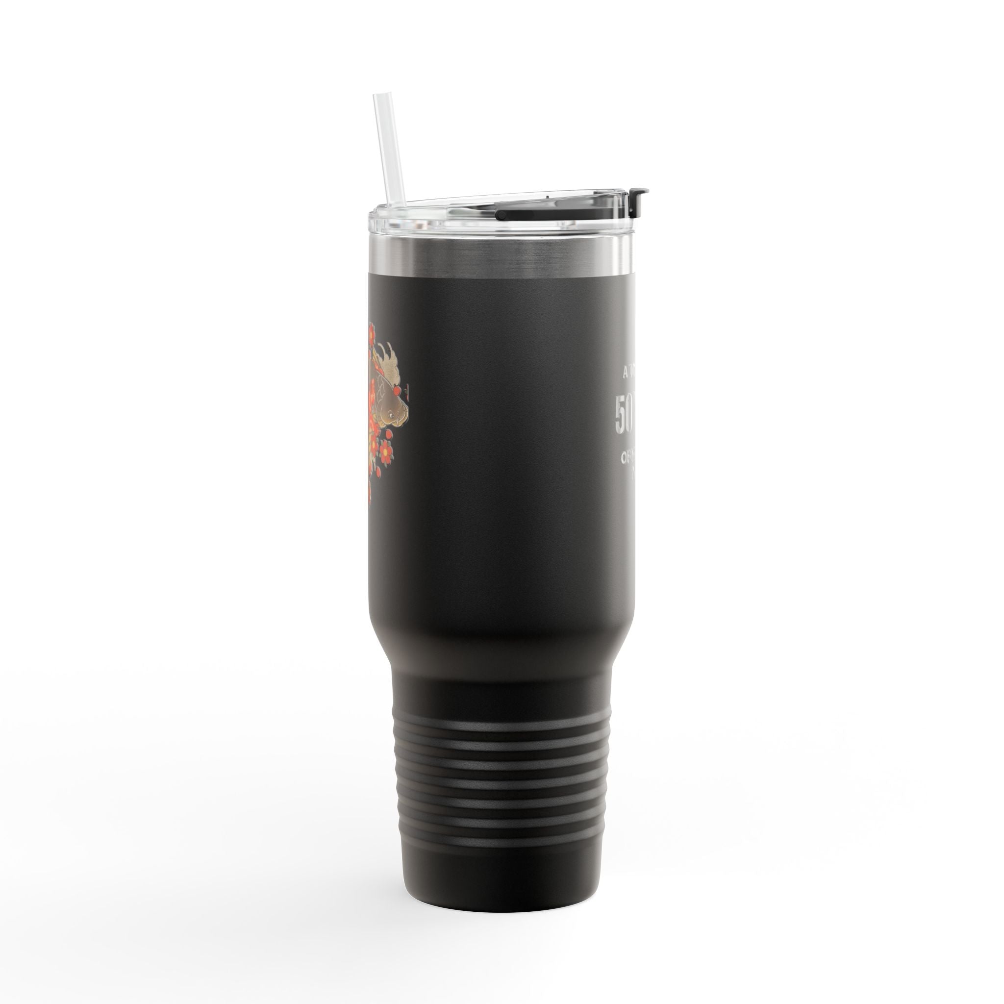 Kintaro with Koi and Cherry Blossoms — 40oz Insulated Travel Mug Tumbler with Handle (Right Handed)