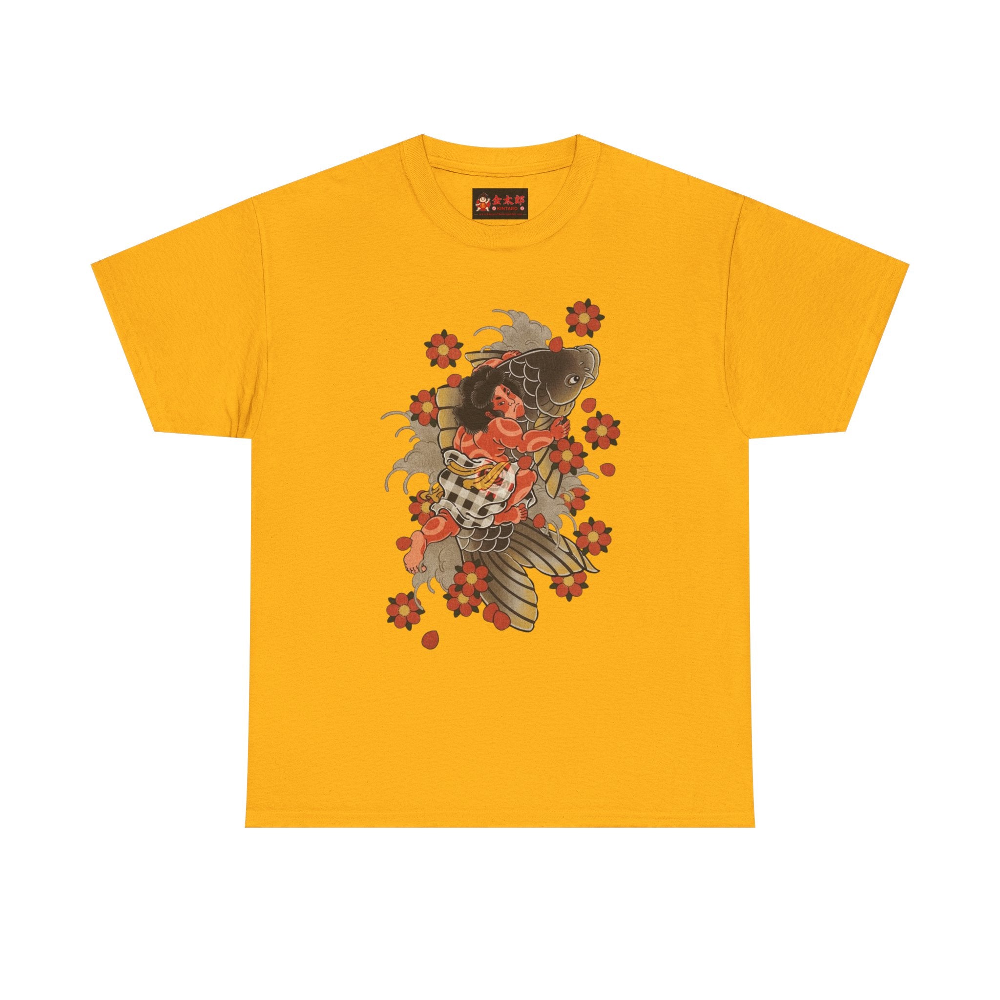 Kintaro The Golden Boy with Koi and Cherry Blossoms Printed T-Shirt