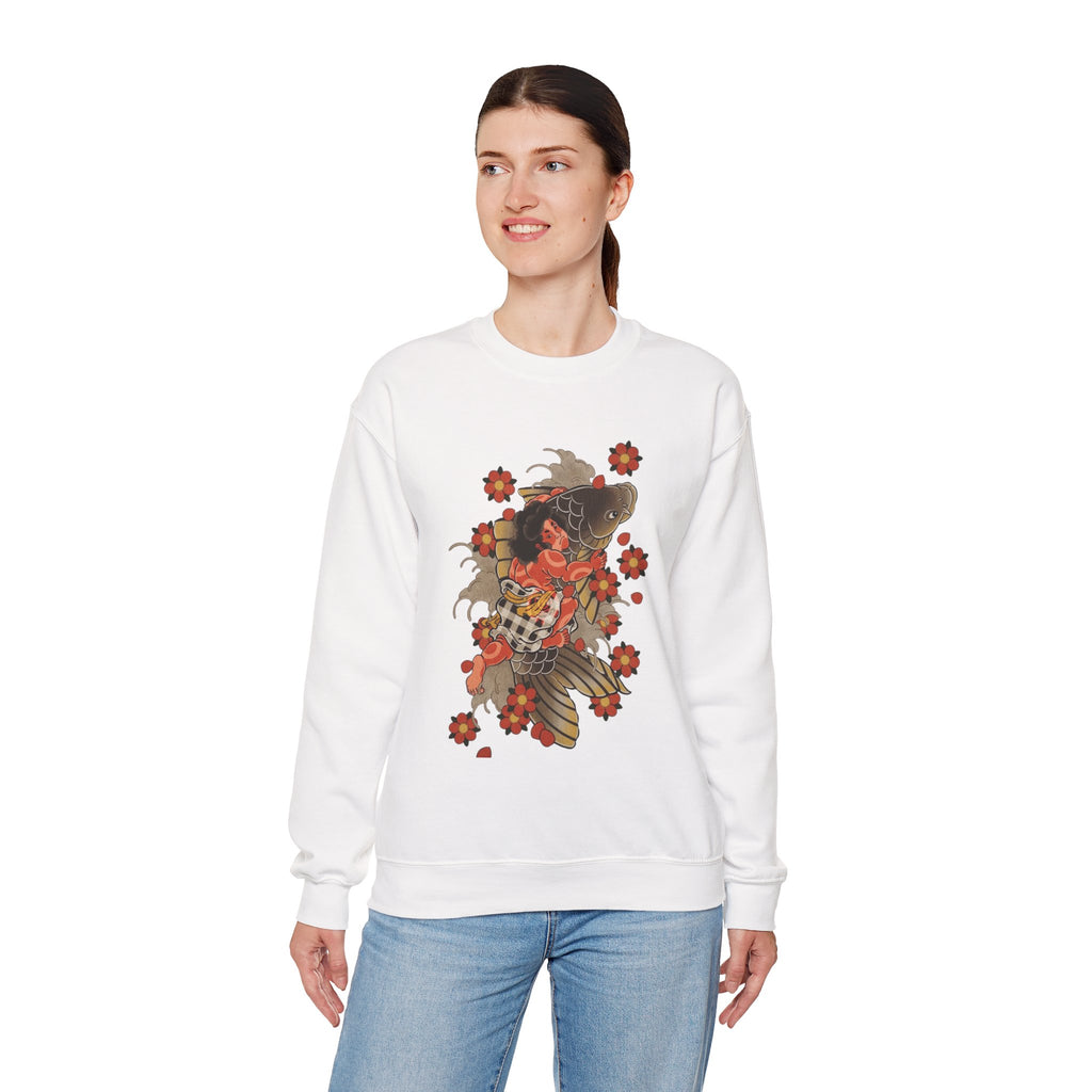 Kintaro The Golden Boy with Koi and Cherry Blossoms Crewneck Sweatshirt