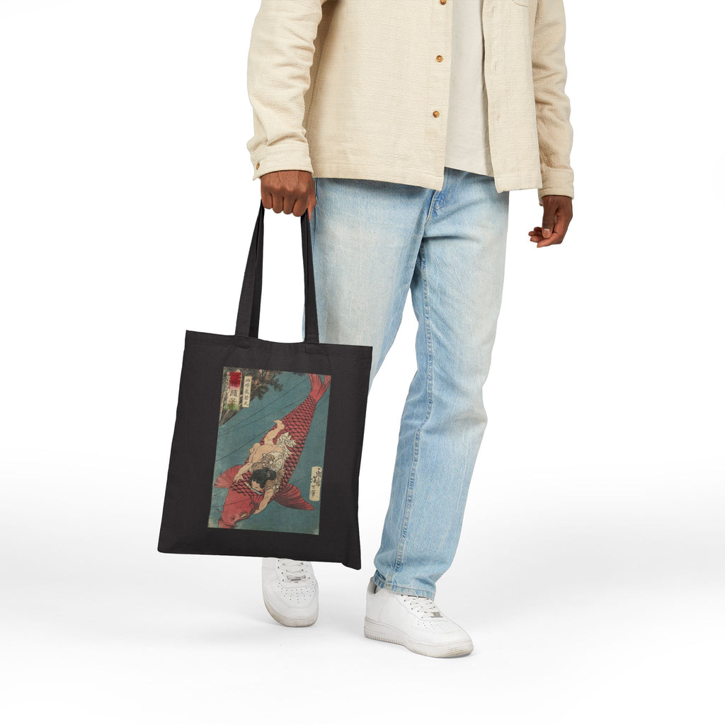Kintaro Riding Red Koi on Black Canvas Tote Bag