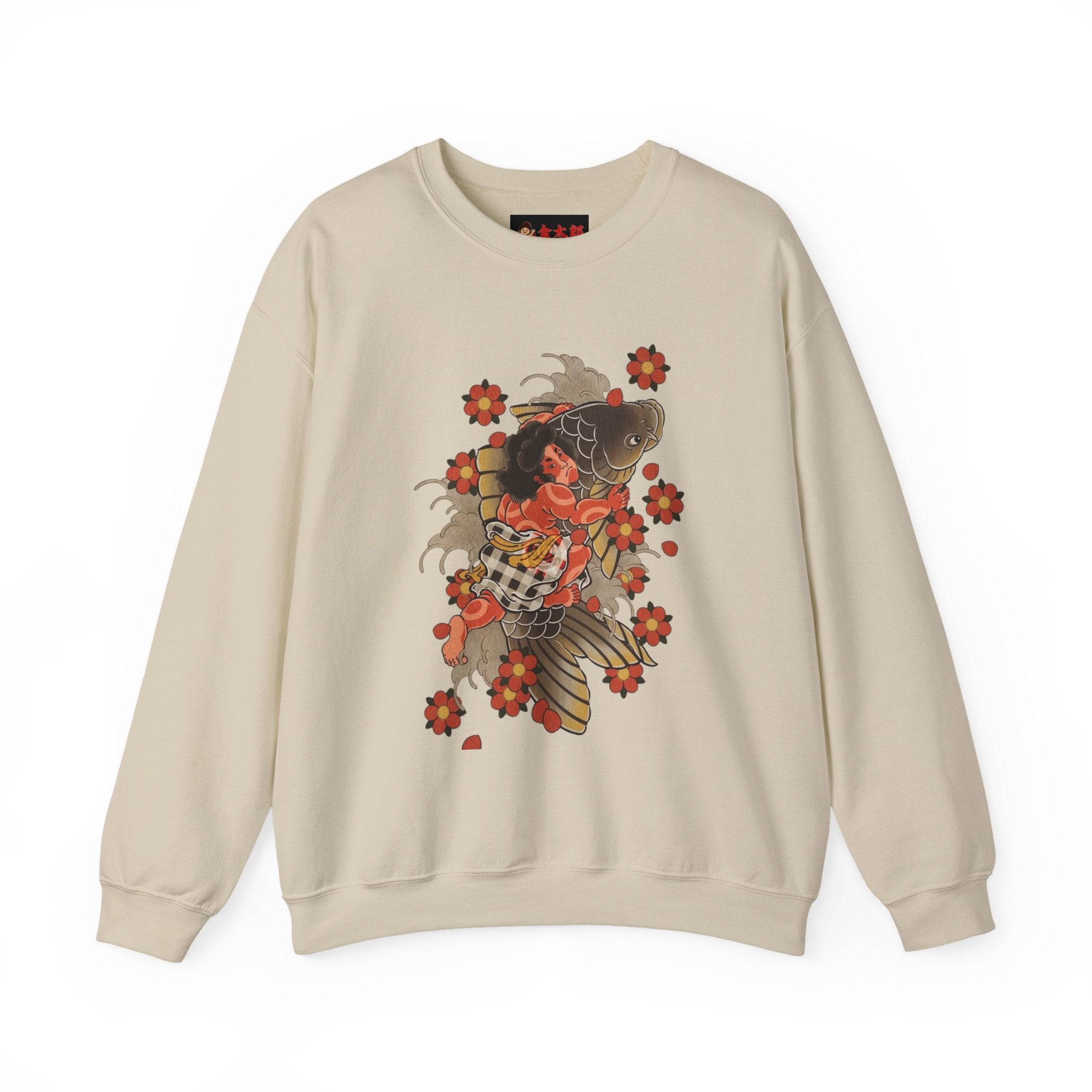 Kintaro The Golden Boy with Koi and Cherry Blossoms Crewneck Sweatshirt