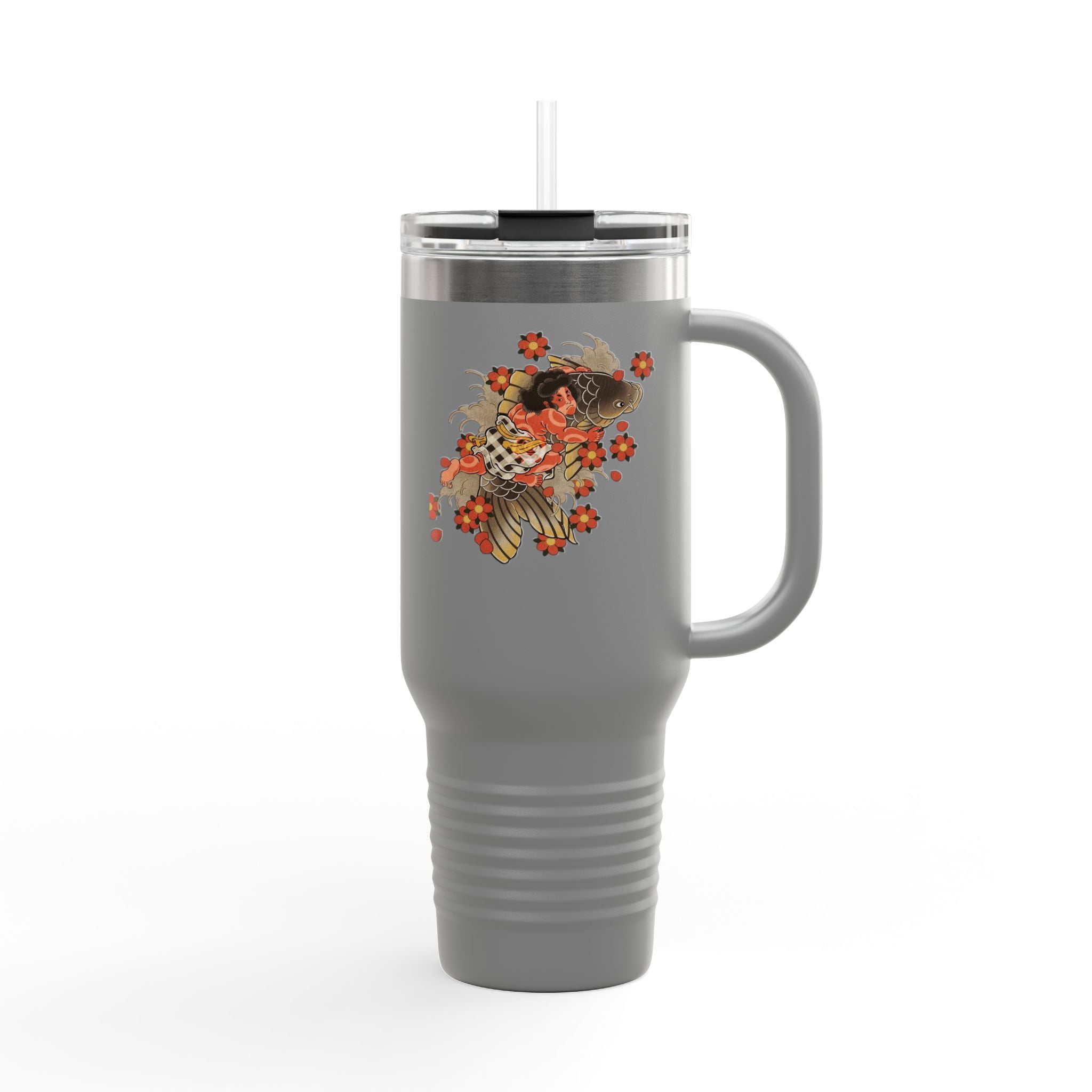 Kintaro with Koi and Cherry Blossoms — 40oz Insulated Travel Mug Tumbler with Handle