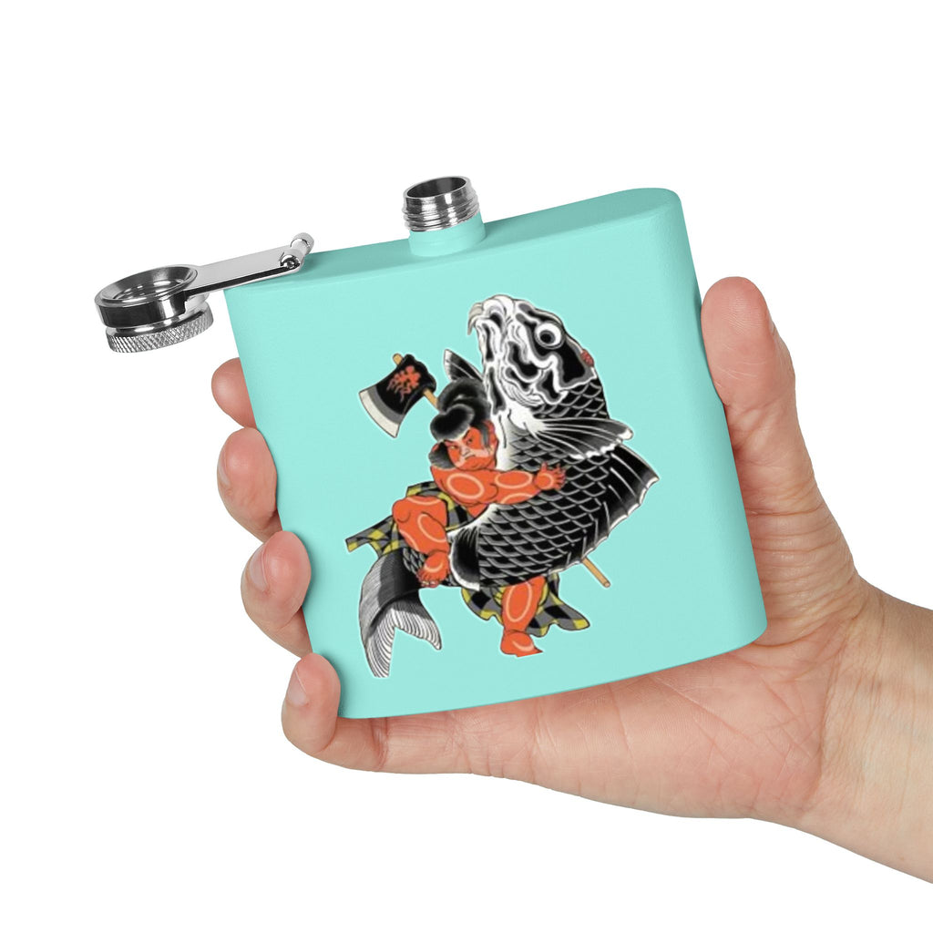 Kintaro with Koi and Axe on a Stainless Steel Flask, 6oz