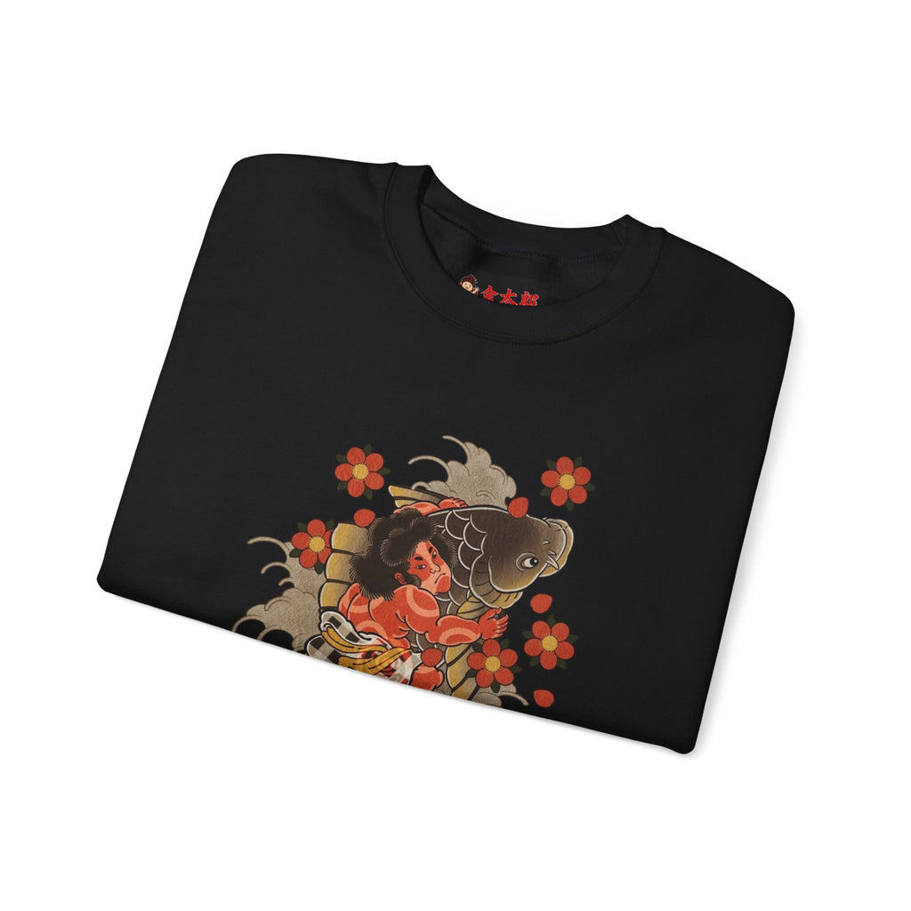 Kintaro The Golden Boy with Koi and Cherry Blossoms Crewneck Sweatshirt