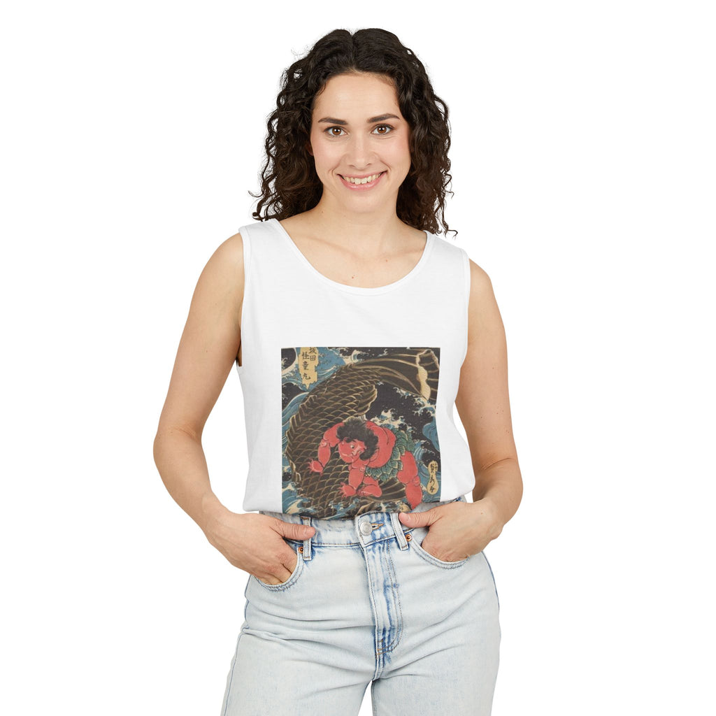 Unisex Garment-Dyed Tank Top with Kintaro the Golden Boy Fighting Koi Print