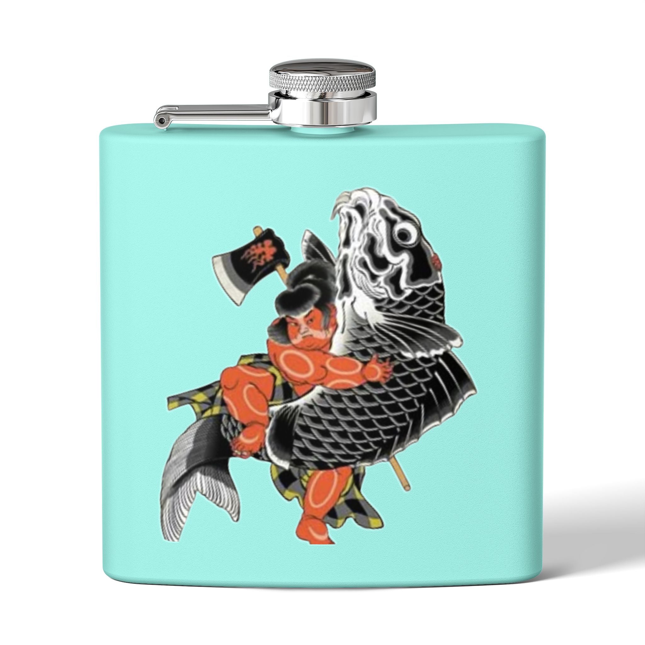 Kintaro with Koi and Axe on a Stainless Steel Flask, 6oz