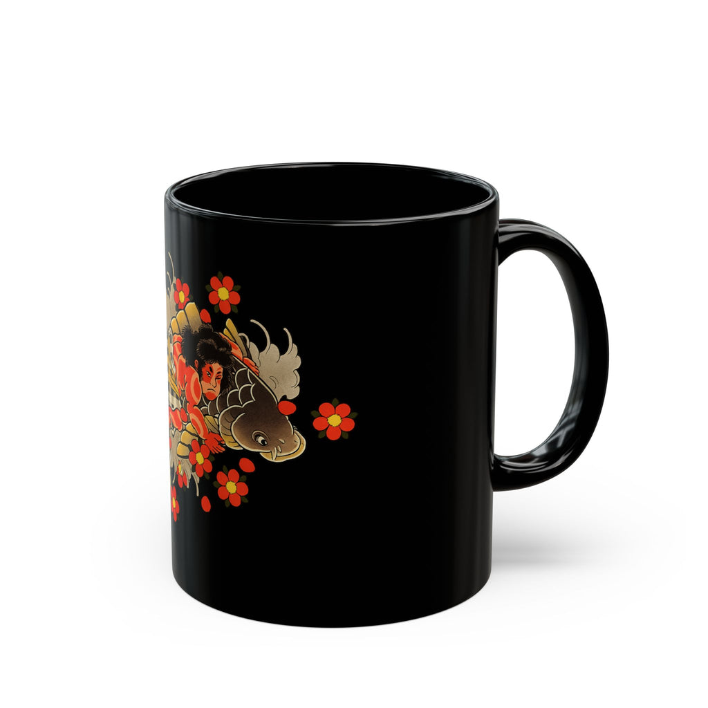 Kintaro and Koi with Cherry Blossoms Black Ceramic Mug (11oz/15oz)