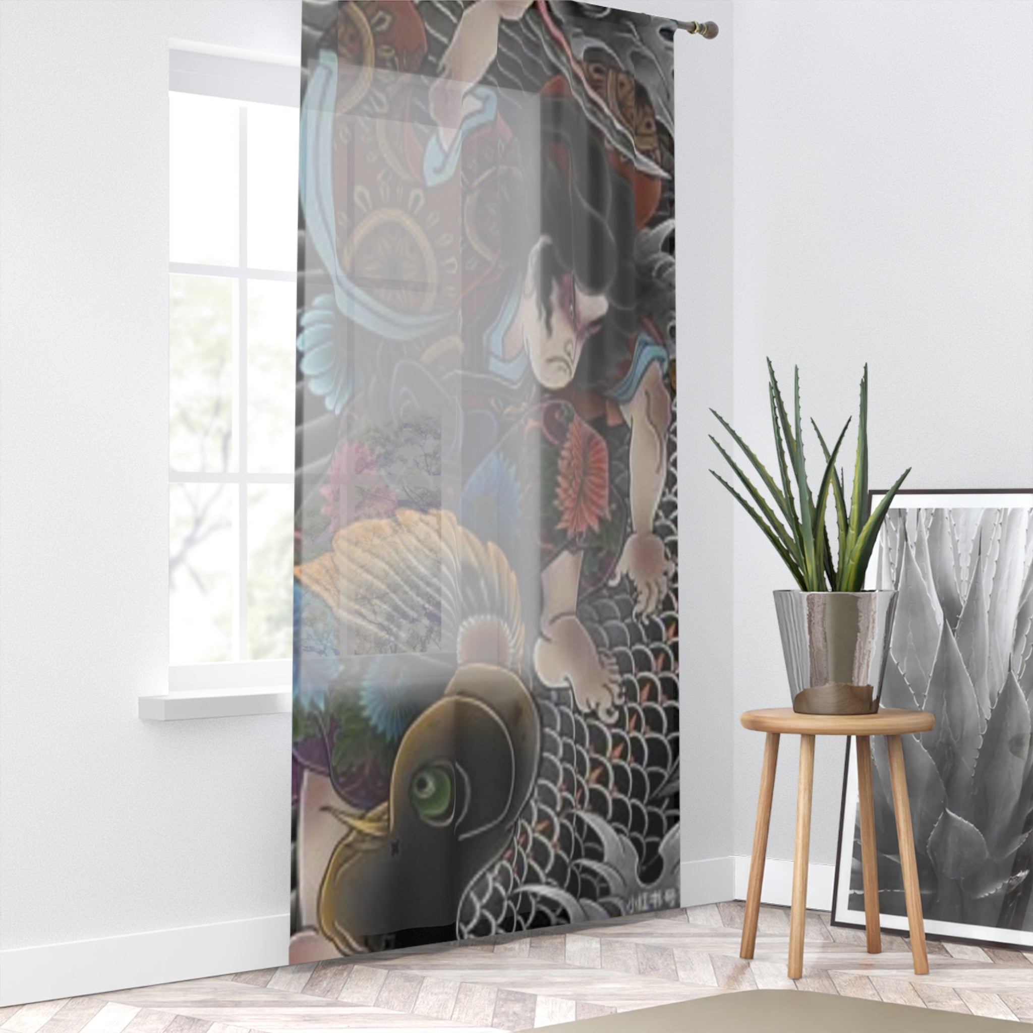 Koi Fish Tattoo Art Window Curtain | Sheer Decorative Panel