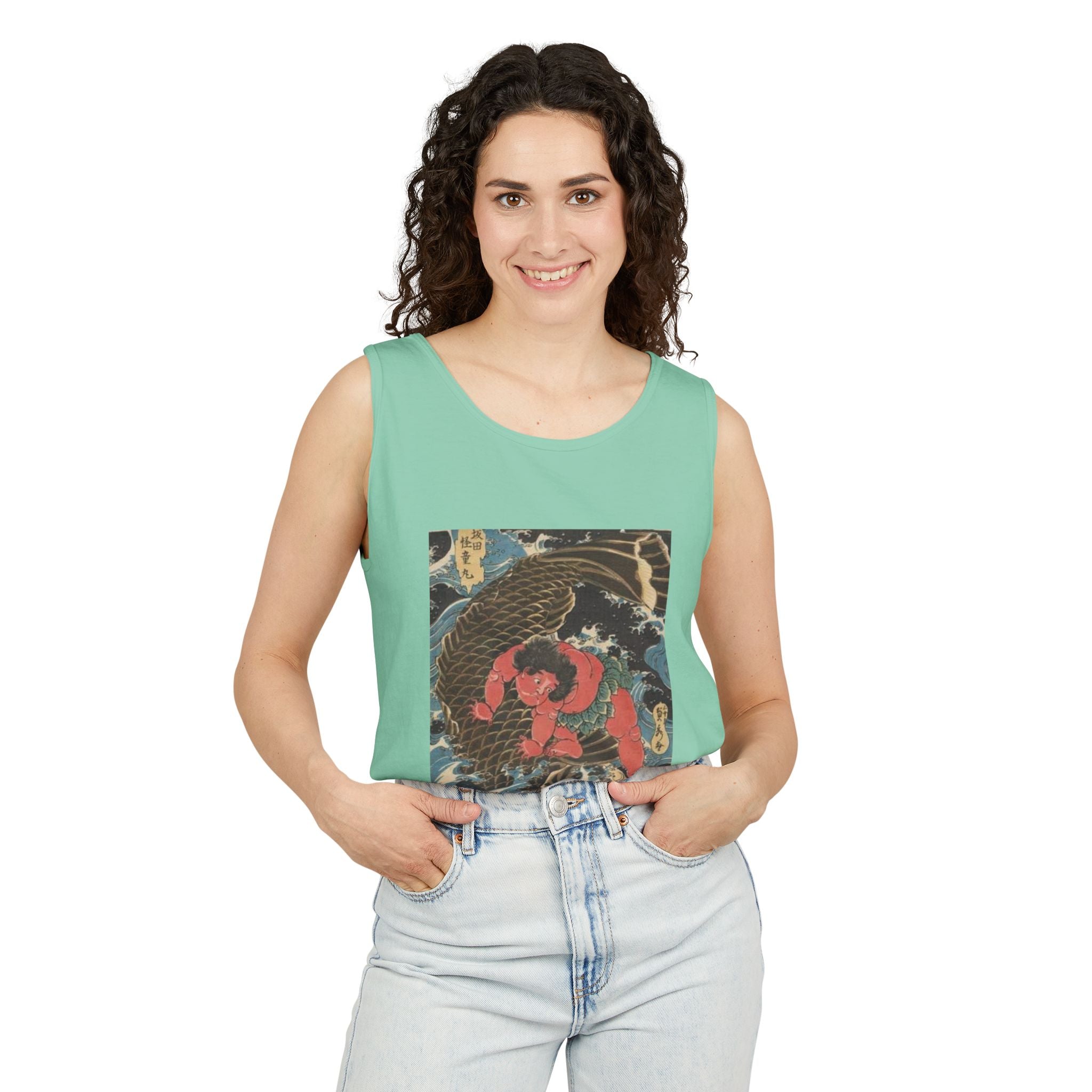 Unisex Garment-Dyed Tank Top with Kintaro the Golden Boy Fighting Koi Print