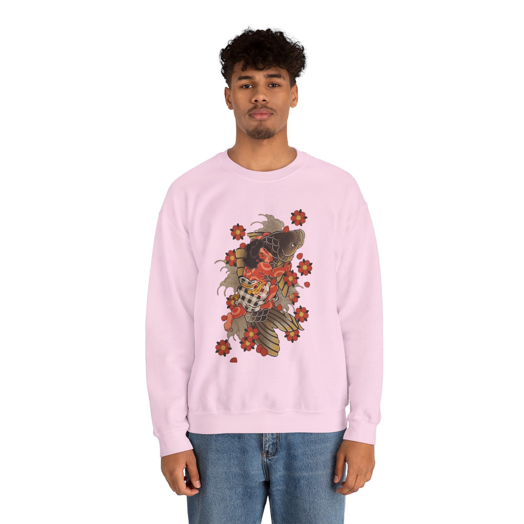 Kintaro The Golden Boy with Koi and Cherry Blossoms Crewneck Sweatshirt