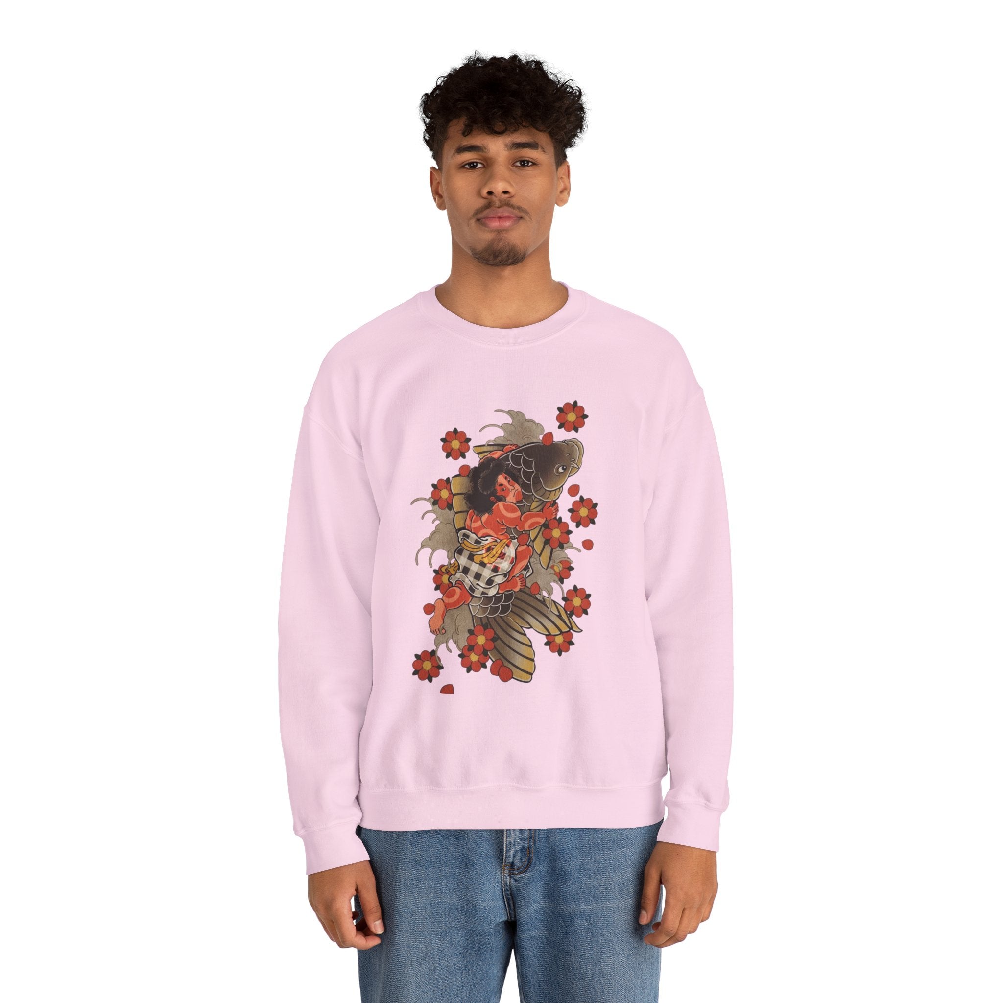 Kintaro The Golden Boy with Koi and Cherry Blossoms Crewneck Sweatshirt
