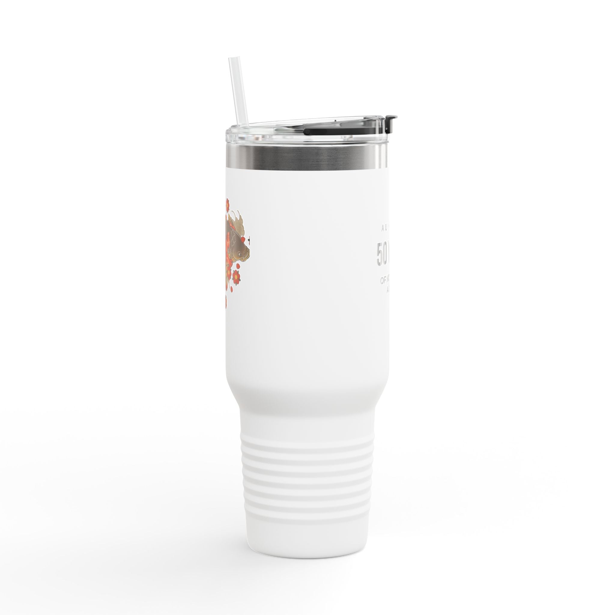 Kintaro with Koi and Cherry Blossoms — 40oz Insulated Travel Mug Tumbler with Handle (Right Handed)