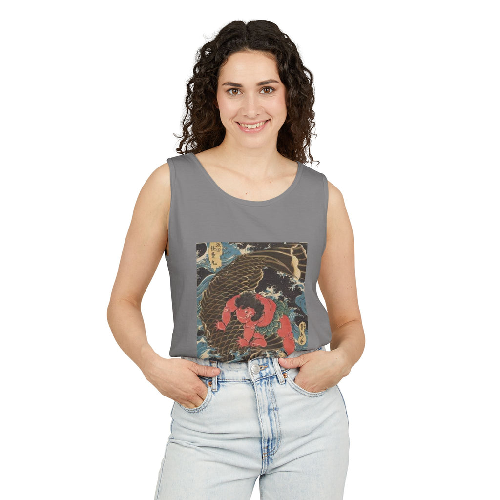 Unisex Garment-Dyed Tank Top with Kintaro the Golden Boy Fighting Koi Print