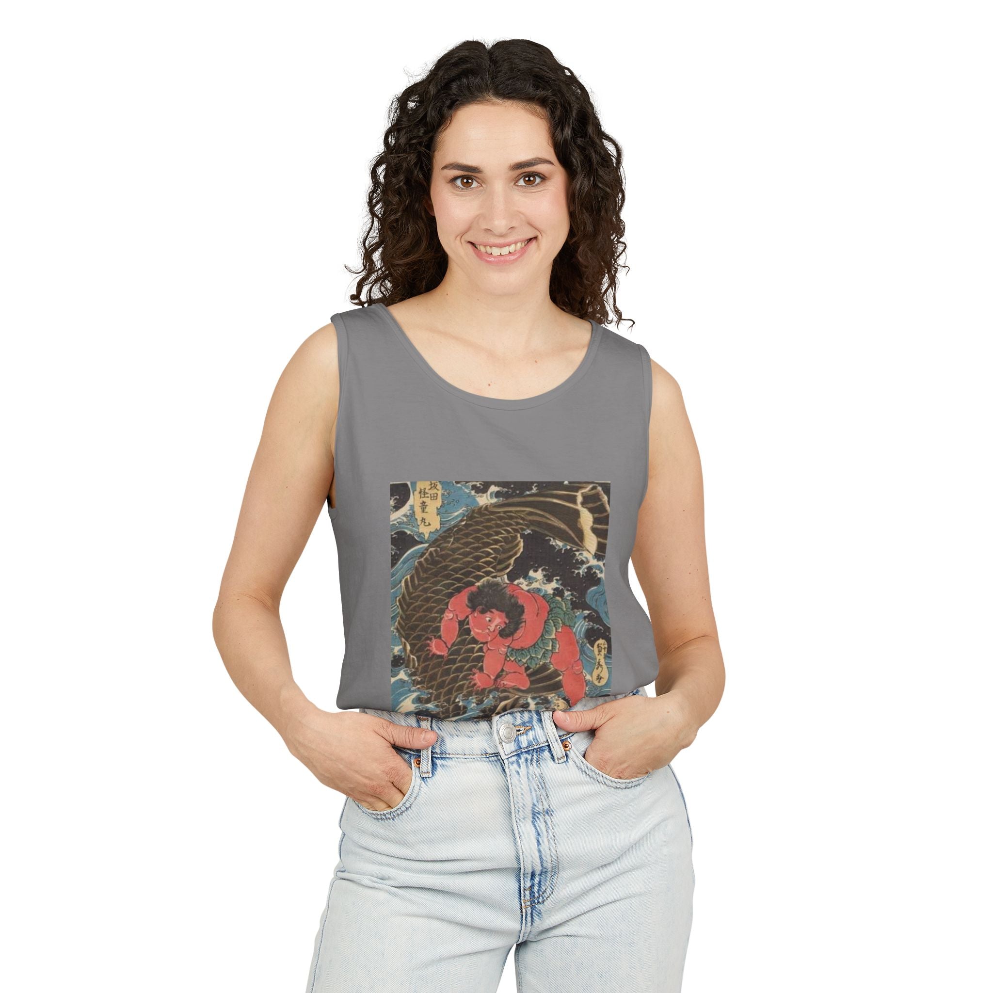 Unisex Garment-Dyed Tank Top with Kintaro the Golden Boy Fighting Koi Print