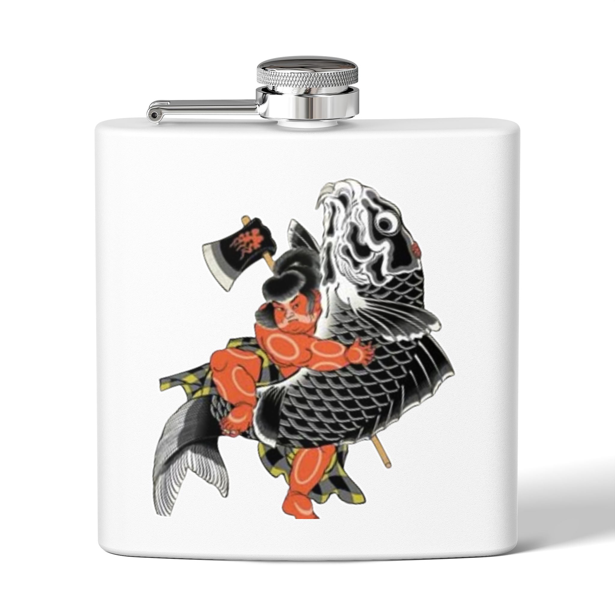 Kintaro with Koi and Axe on a Stainless Steel Flask, 6oz