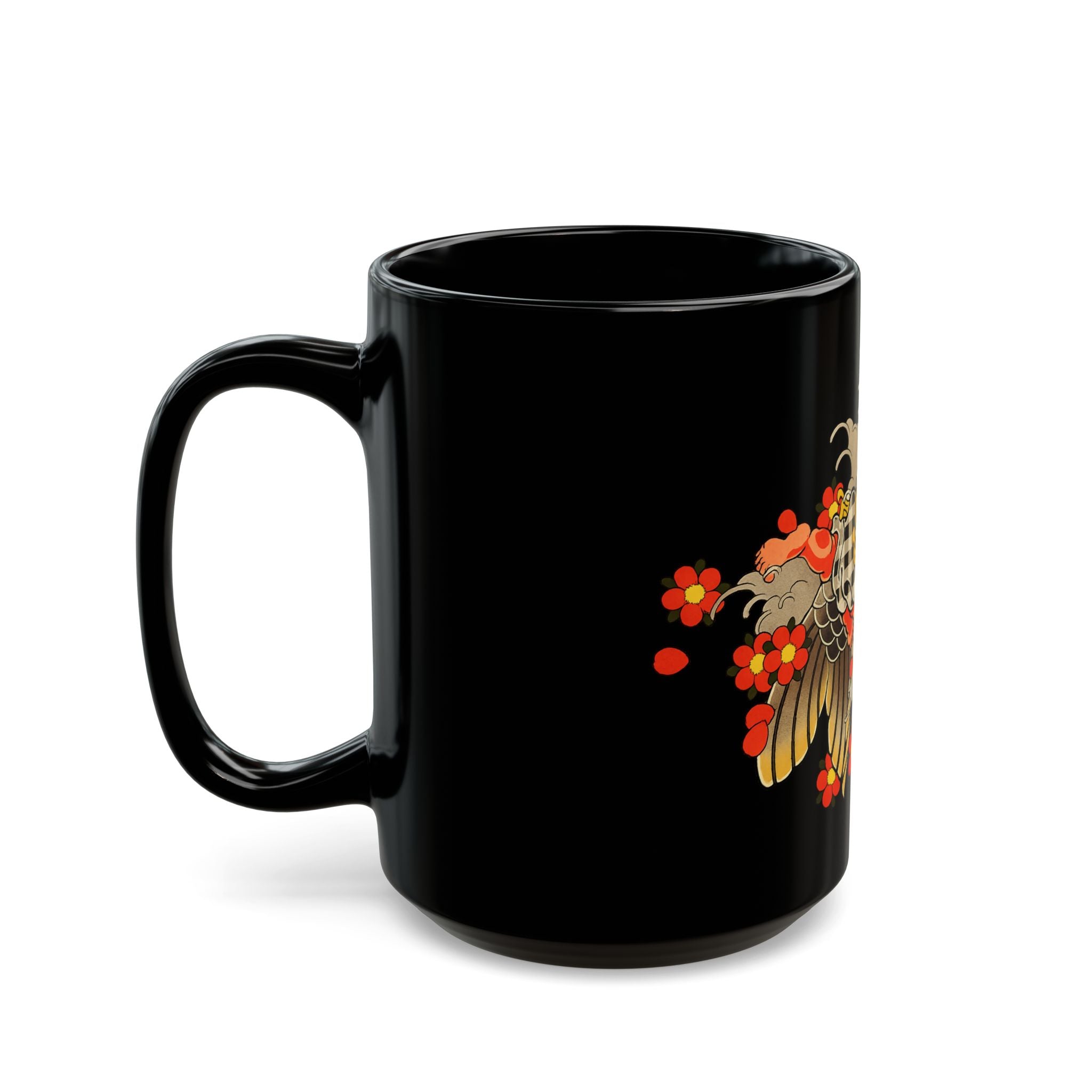Kintaro and Koi with Cherry Blossoms Black Ceramic Mug (11oz/15oz)