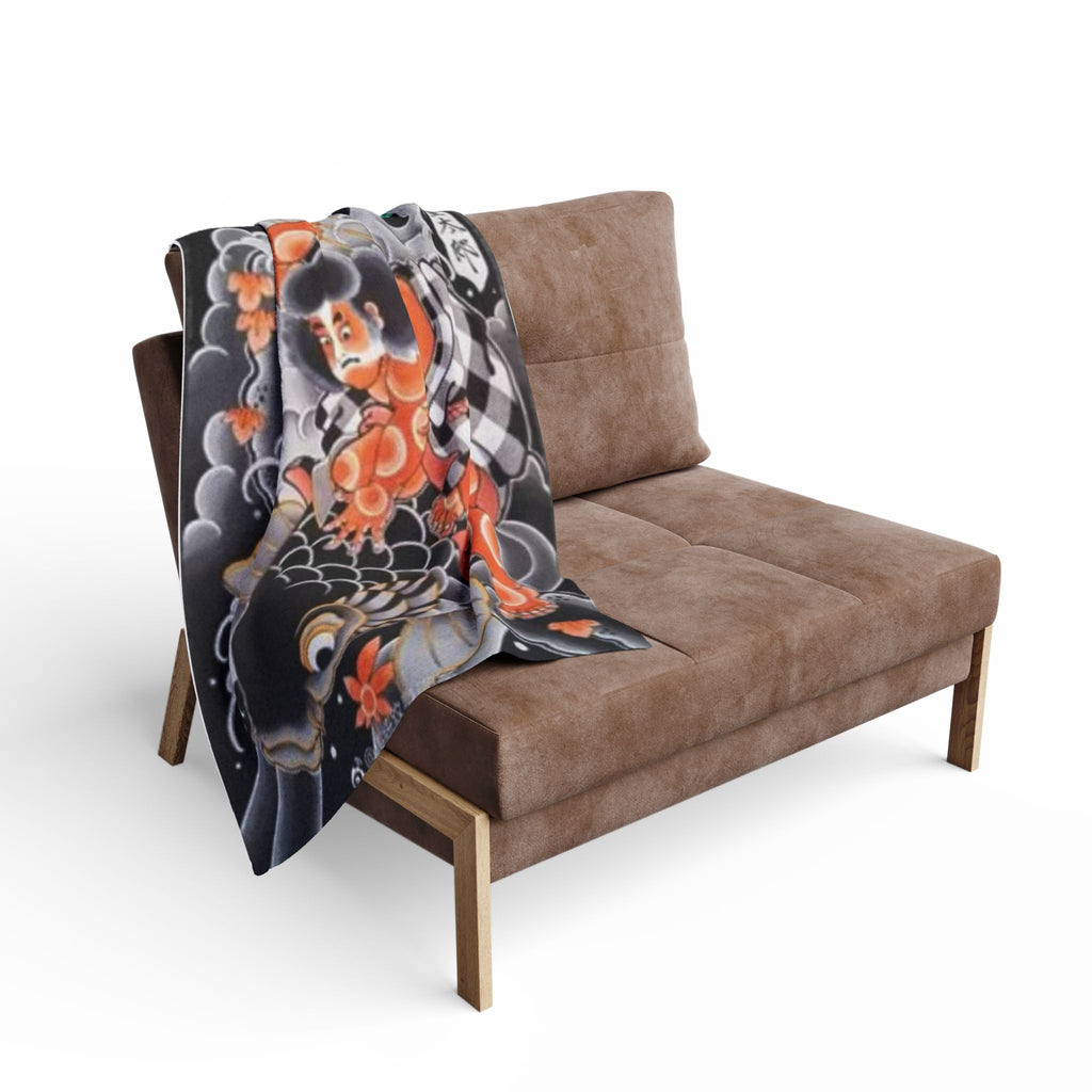 Kintaro The Golden Boy Riding a Koi Printed on a Arctic Fleece Blanket