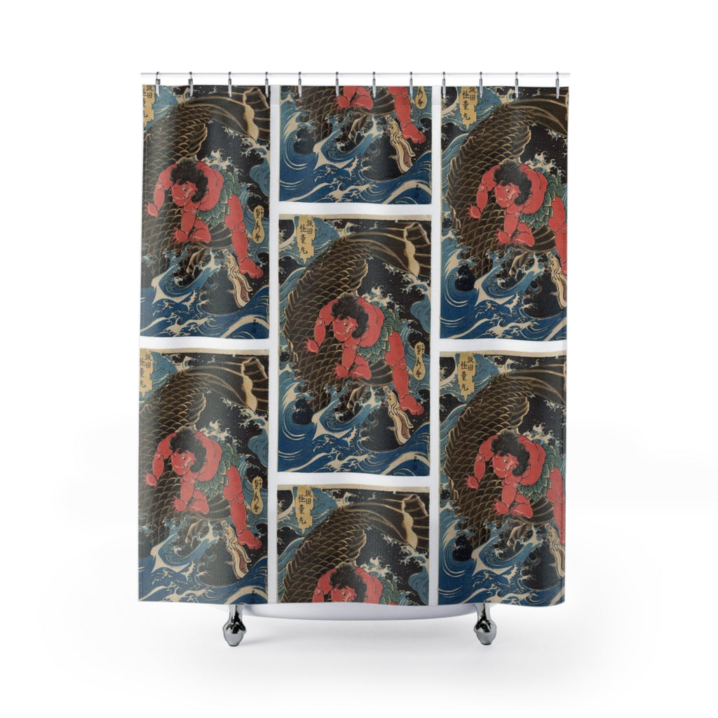 Koi Carp Wave Pattern Shower Curtain | Japanese Fish Bathroom Decor