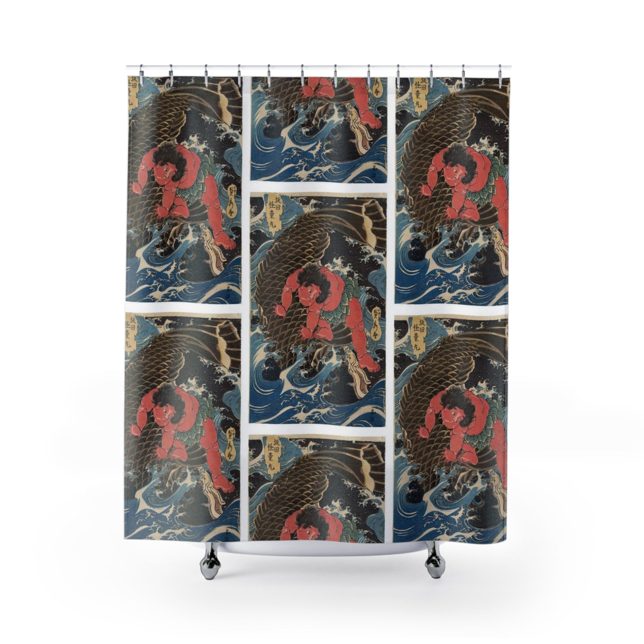 Koi Carp Wave Pattern Shower Curtain | Japanese Fish Bathroom Decor