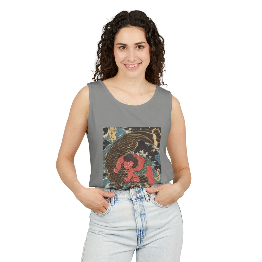 Unisex Garment-Dyed Tank Top with Kintaro the Golden Boy Fighting Koi Print