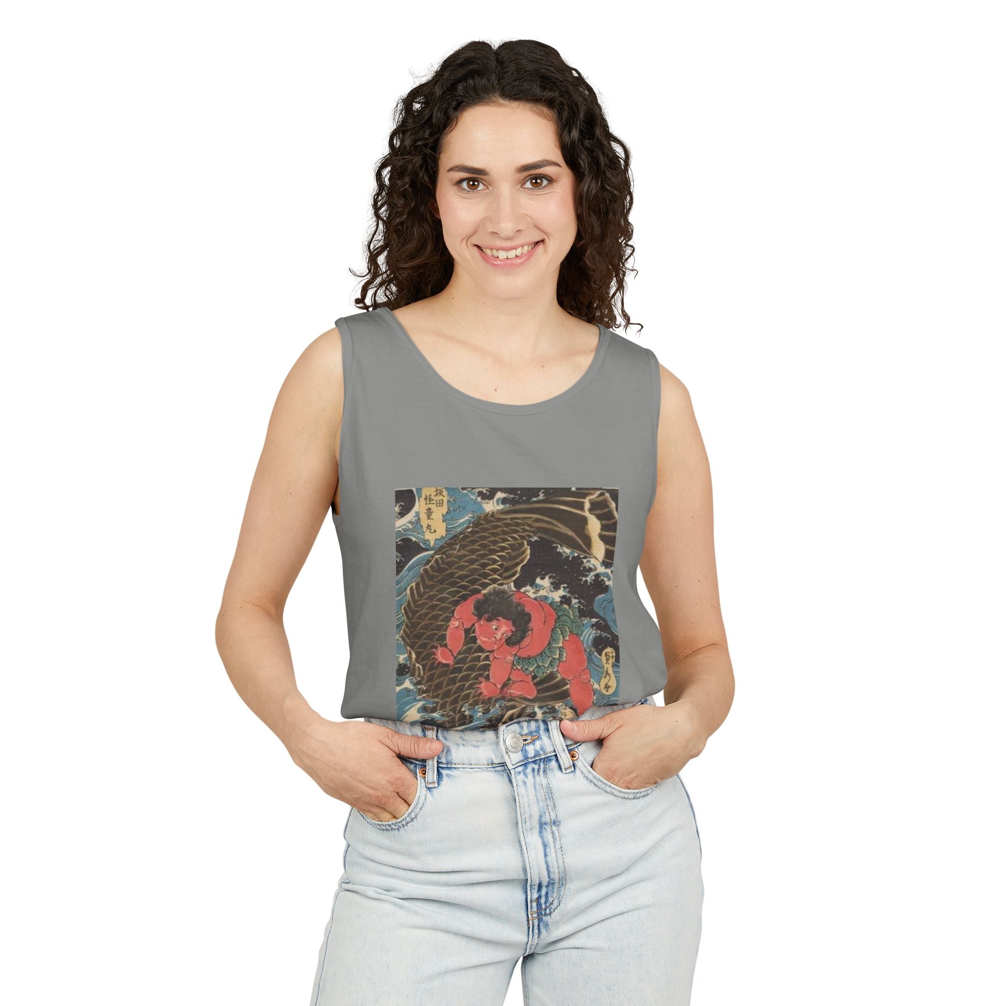 Unisex Garment-Dyed Tank Top with Kintaro the Golden Boy Fighting Koi Print