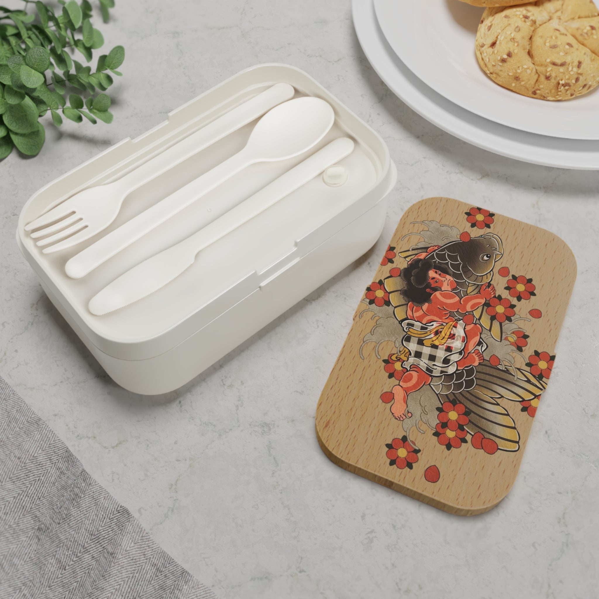 Kintaro Holding Koi and Axe Print Bento Lunch Box