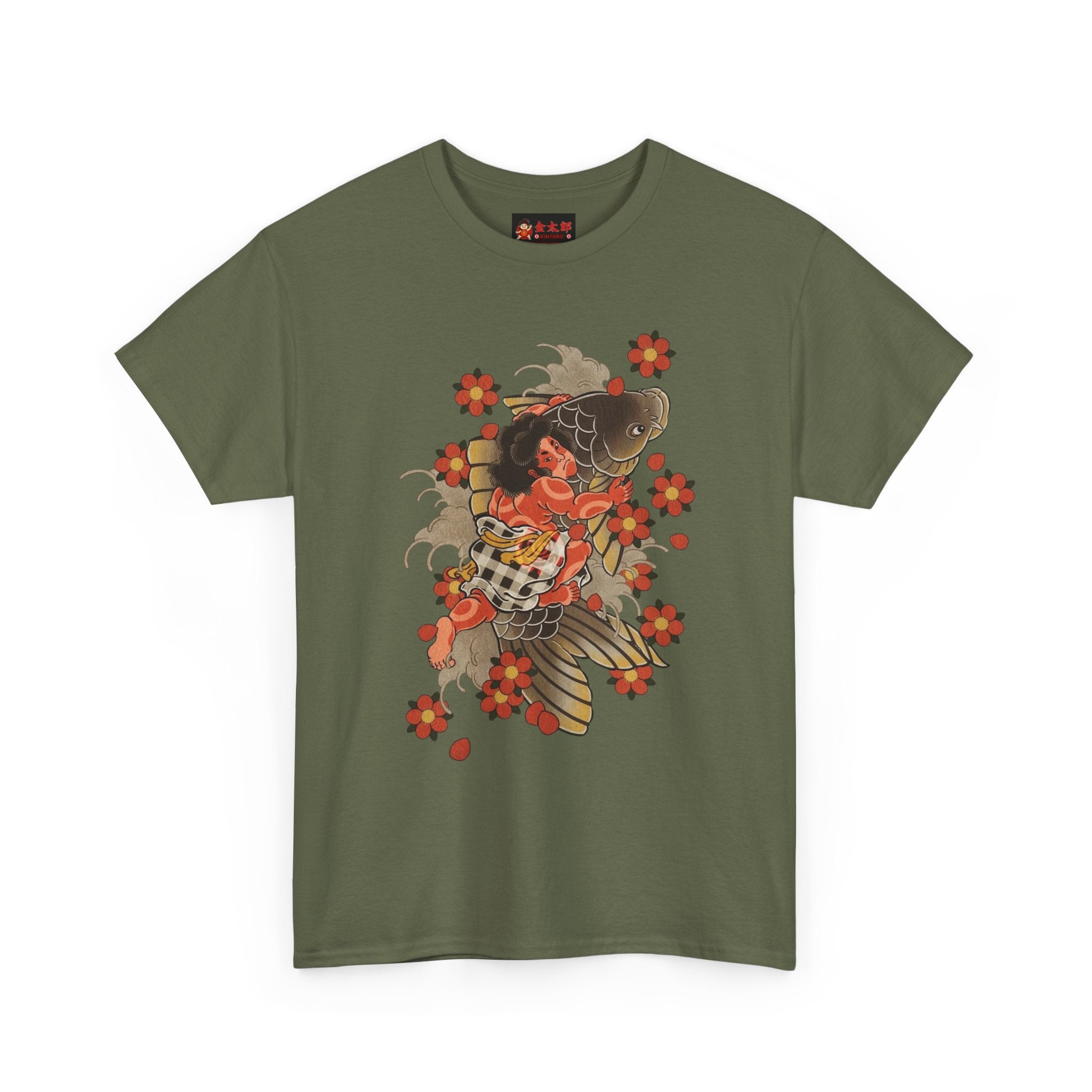 Kintaro The Golden Boy with Koi and Cherry Blossoms Printed T-Shirt
