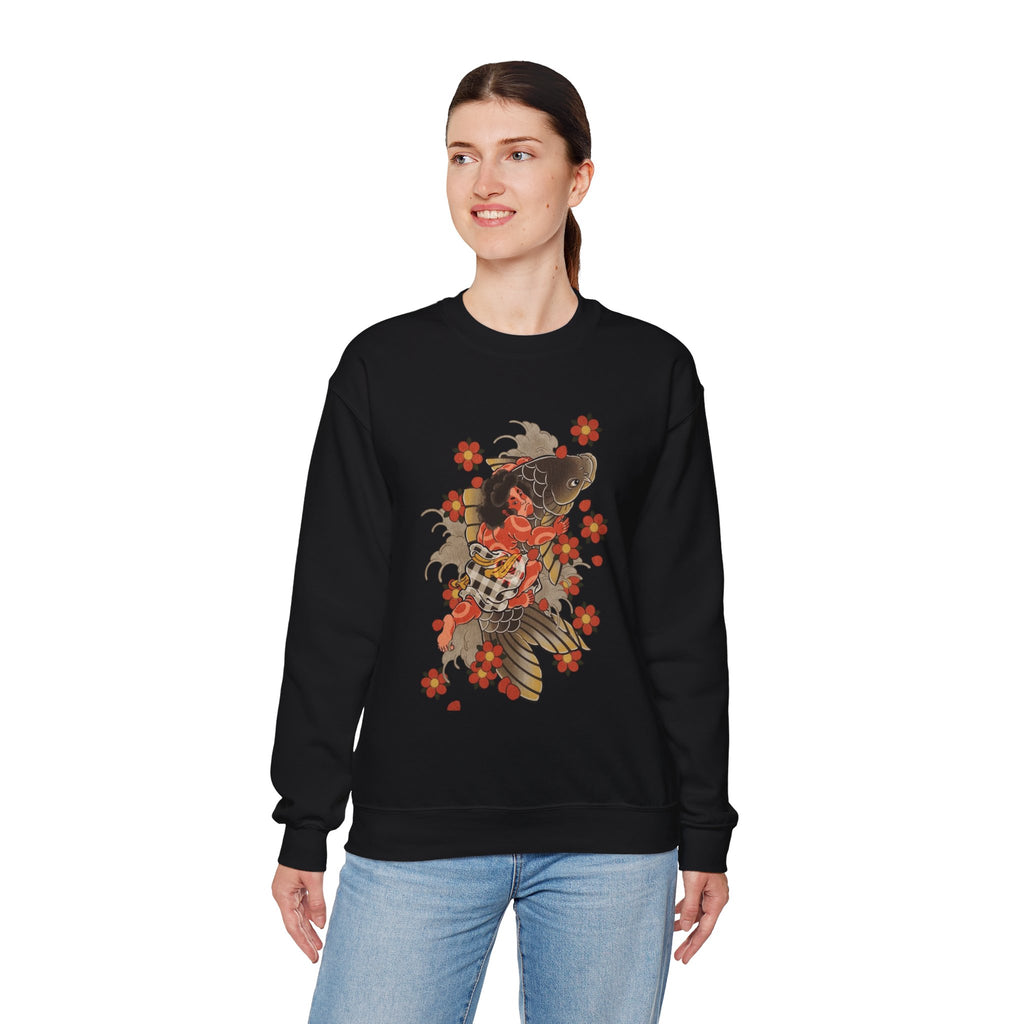 Kintaro The Golden Boy with Koi and Cherry Blossoms Crewneck Sweatshirt
