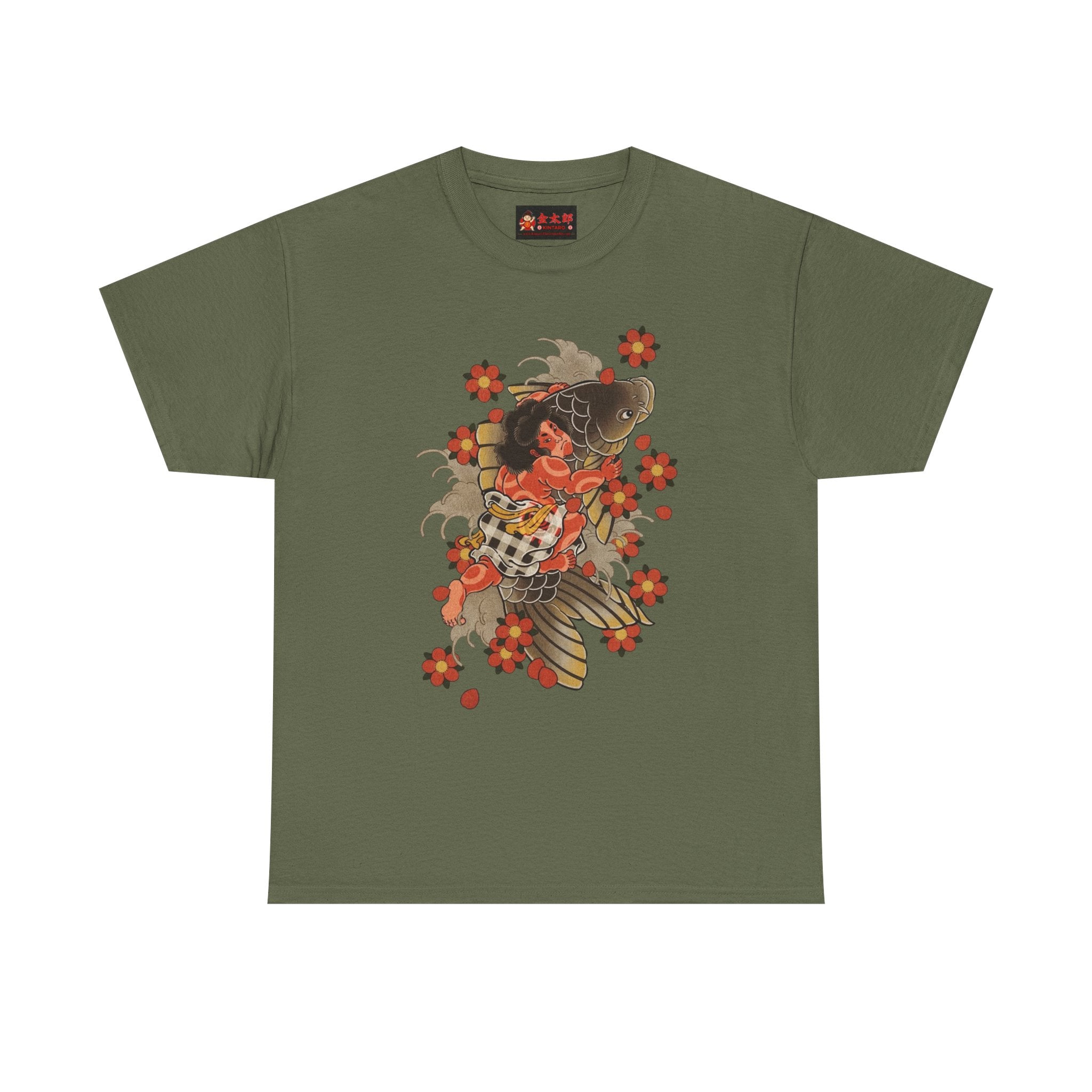 Kintaro The Golden Boy with Koi and Cherry Blossoms Printed T-Shirt