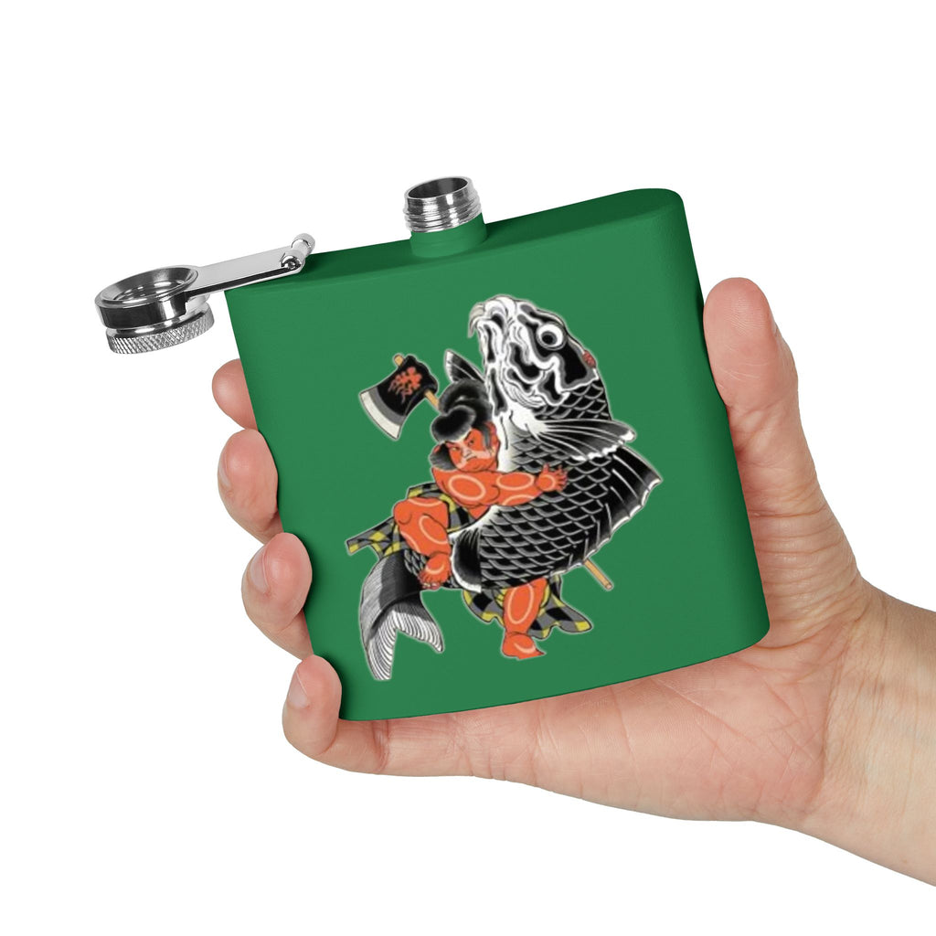 Kintaro with Koi and Axe on a Stainless Steel Flask, 6oz