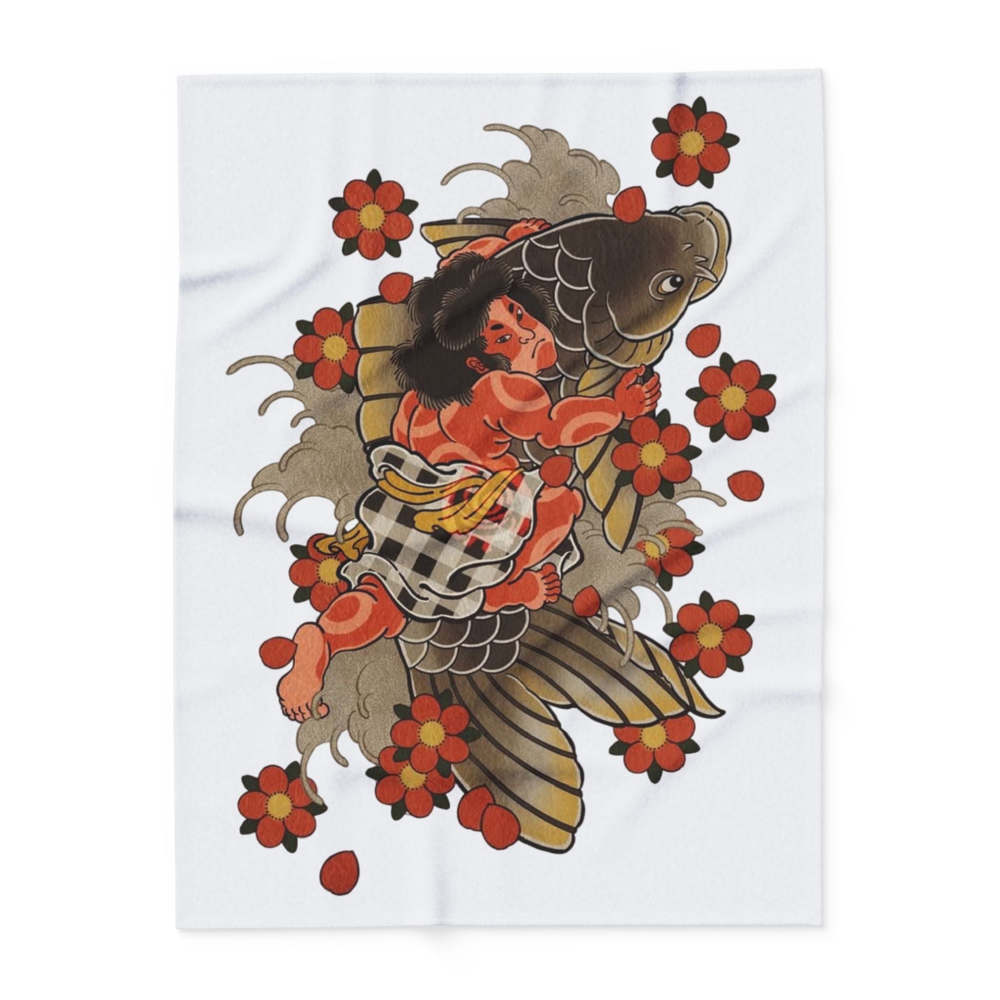 Kintaro The Golden Boy on a Koi with Cherry Blossoms Printed on a  Arctic Fleece Blanket