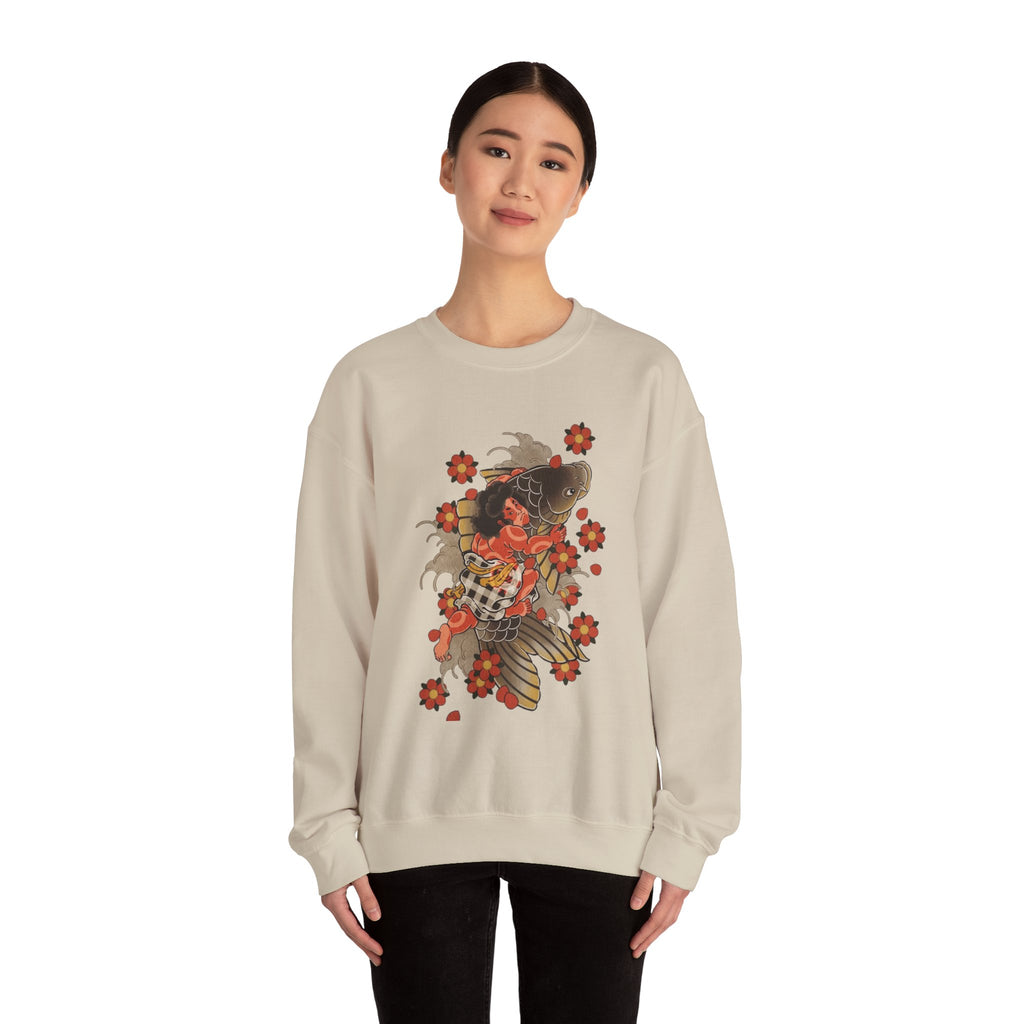 Kintaro The Golden Boy with Koi and Cherry Blossoms Crewneck Sweatshirt