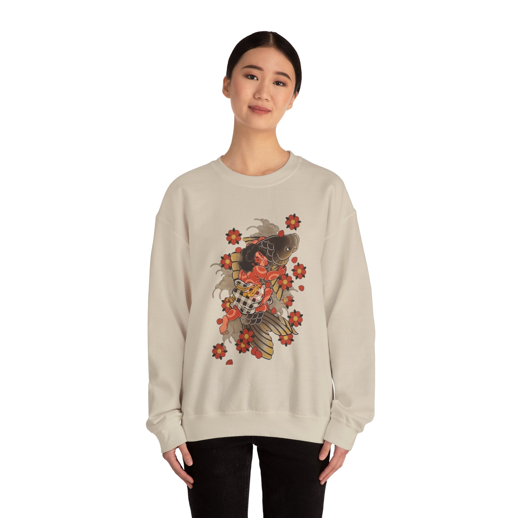 Kintaro The Golden Boy with Koi and Cherry Blossoms Crewneck Sweatshirt