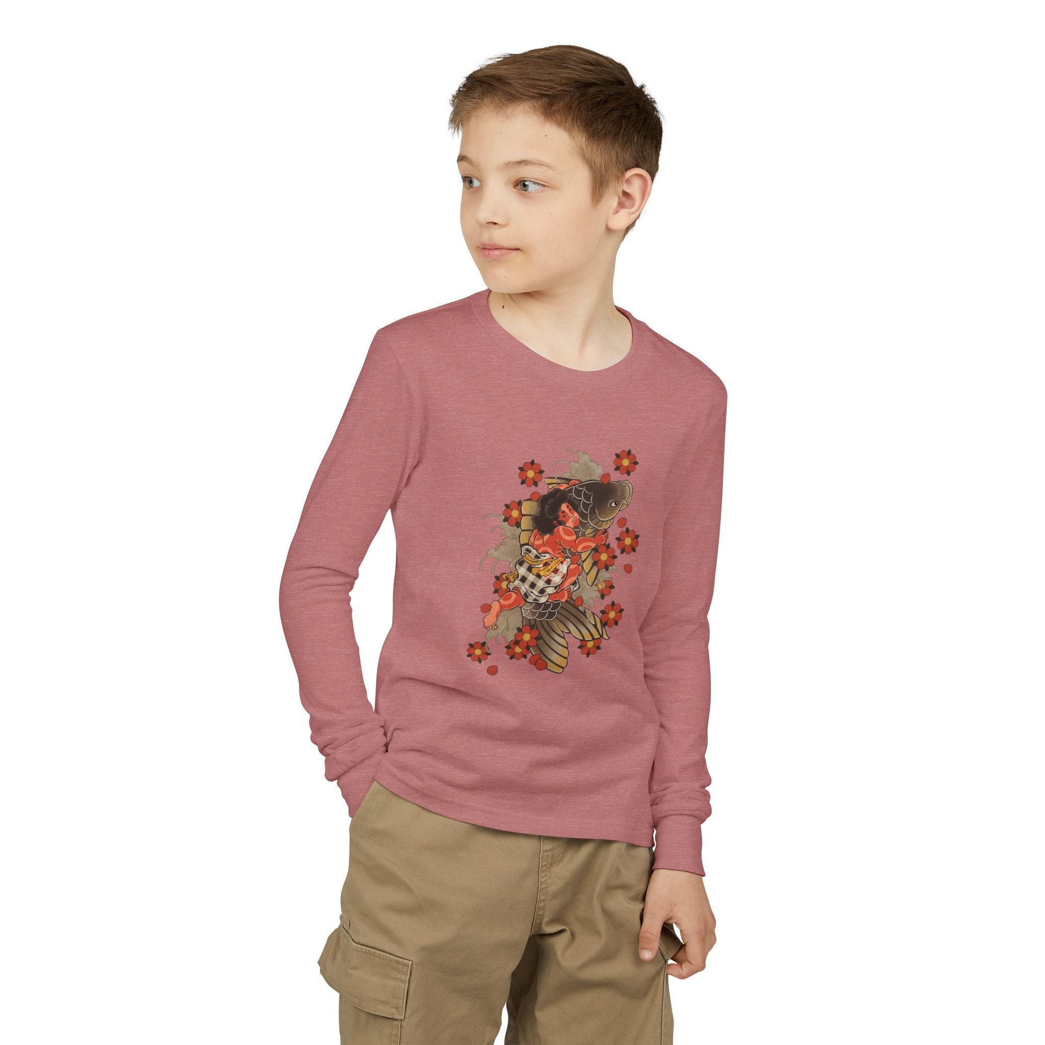 Youth Jersey Long Sleeve Tee with Kintaro and Koi Print