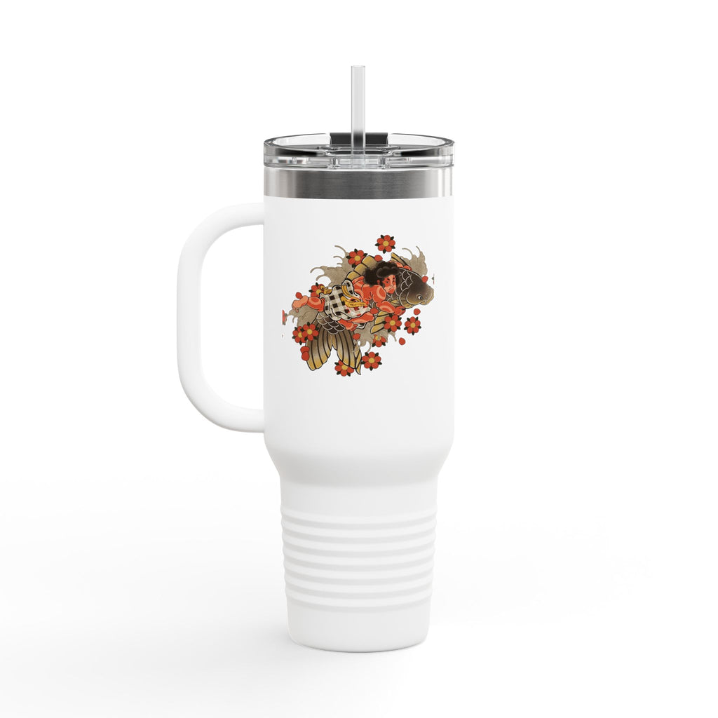 Kintaro with Koi and Cherry Blossoms — 40oz Insulated Travel Mug Tumbler with Handle (Right Handed)